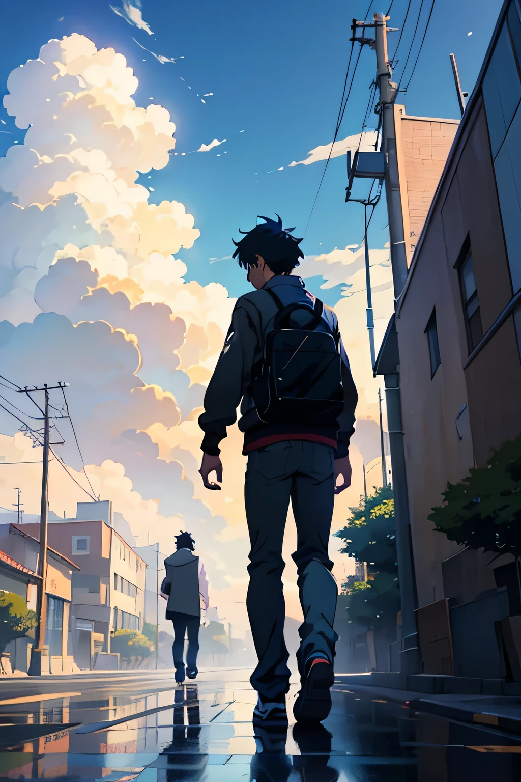 Anime - a young man back from school, style scene of a city with beautiful sky and cloudy. by makoto shinkai, anime art wallpaper 4k, anime art wallpaper 4 k, anime art wallpaper 8 k, anime wallpaper 4k, anime wallpaper 4 k, 4k anime wallpaper, anime sky, amazing wallpaper, anime background, a man with bikecycle ghilbi vibes.