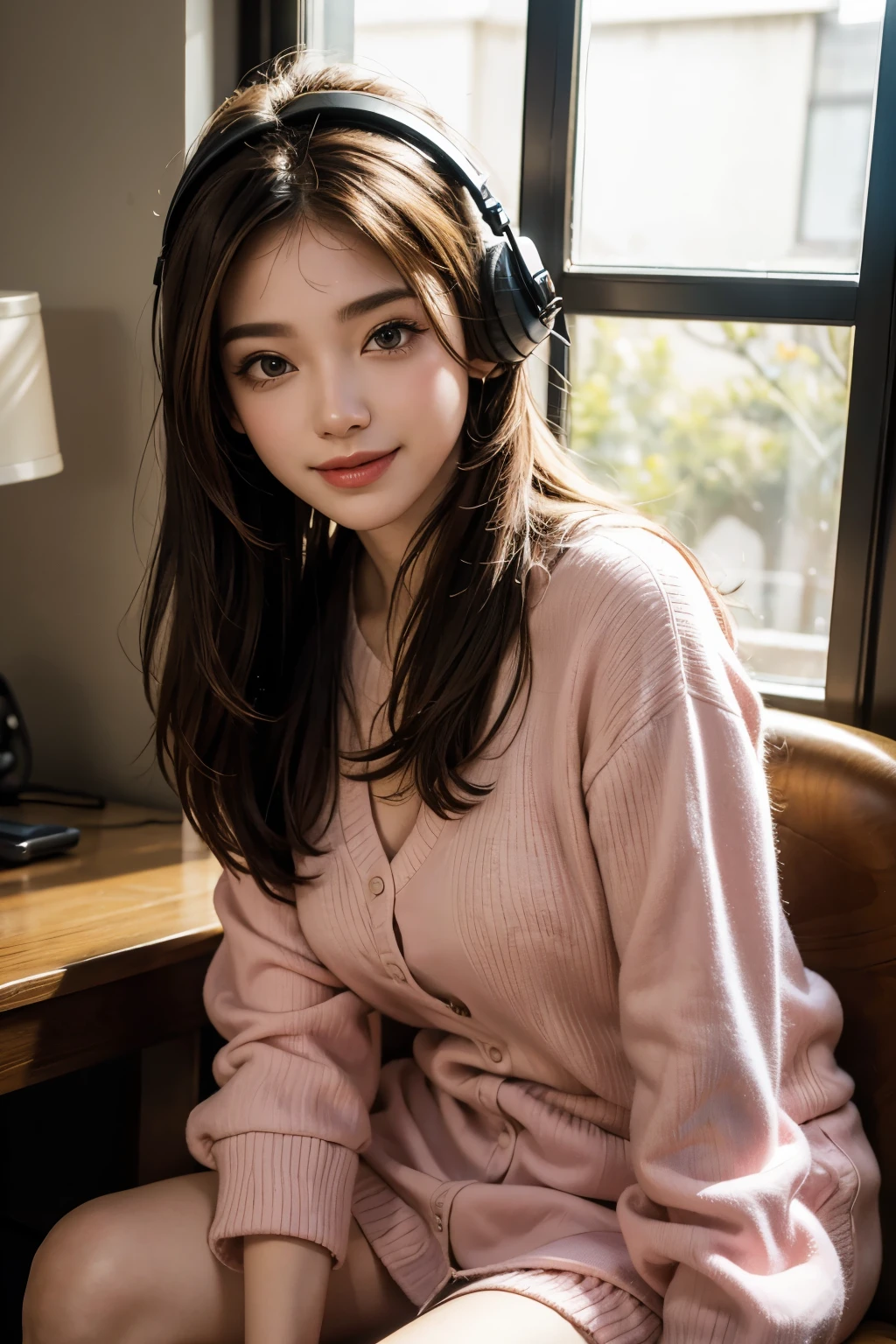 beautiful woman listening to music with headphones sitting on sofa