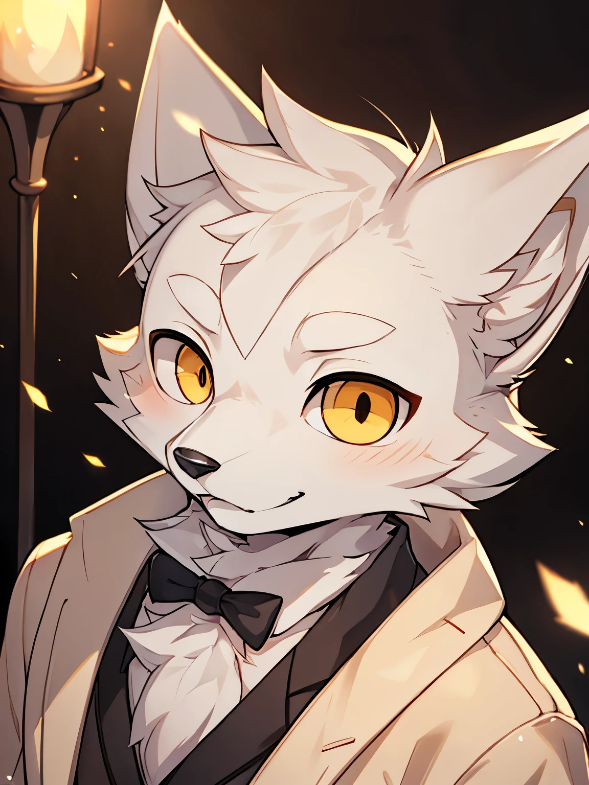 (best picture quality),(masterpiece),(((the only person))),(Super detailed),(male arctic fox:1.5), (white skin:1.3), hairy,(white fur:1.3),((golden pupils)) ,(gray ears),(hairy 动物 耳朵s),((wearing a suit),wearing a monocle,gentleman,natural lighting,complex background,Detailed face,details on face,Character focus,Detailed clothes,upper part of body,depth of field,lighting perfect,sharp focus,light particles,alone,
