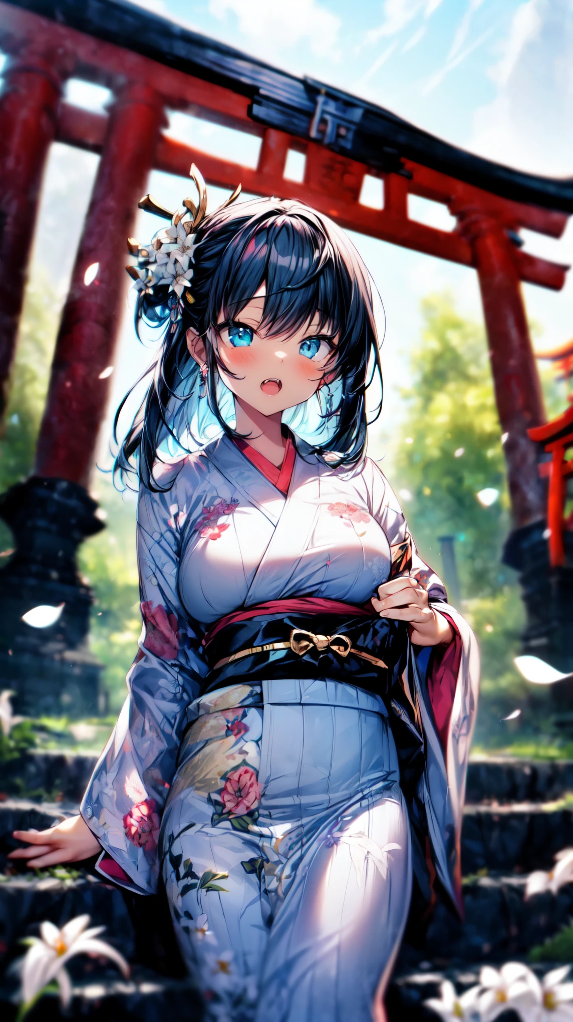 (A 7--old l: 1.2), (a very sm changes, (alone), (small breasts), (wide angle), (white lilies), original photos, aesthetics, complexity, victory, control enhancement, contrast between light and dark, best quality, detailed background, (Ooth atmosphere: 1.2) (cloudy sky) (((a girl wearing a cotton kimono: 1.2), large cotton kimono, cotton kimono, long kimono sleeves, best wrinkles, true wrinkles, best shadows, (passing through a misty dark Zen garden), (real location), exquisite and beautiful eyes, casual gestures Detailed texture, posture, (dissecting the correct body, detailed face (with very detailed texture and floral patterns), (black hair), thick hair, hair accessories, Komono, kimono, heart, outdoor activities, pagoda, petals, blue kimono, belt, shrine, sky pornography, stone staircase, Torii, wide sleeves, yukata, (cloudy, Ooth)