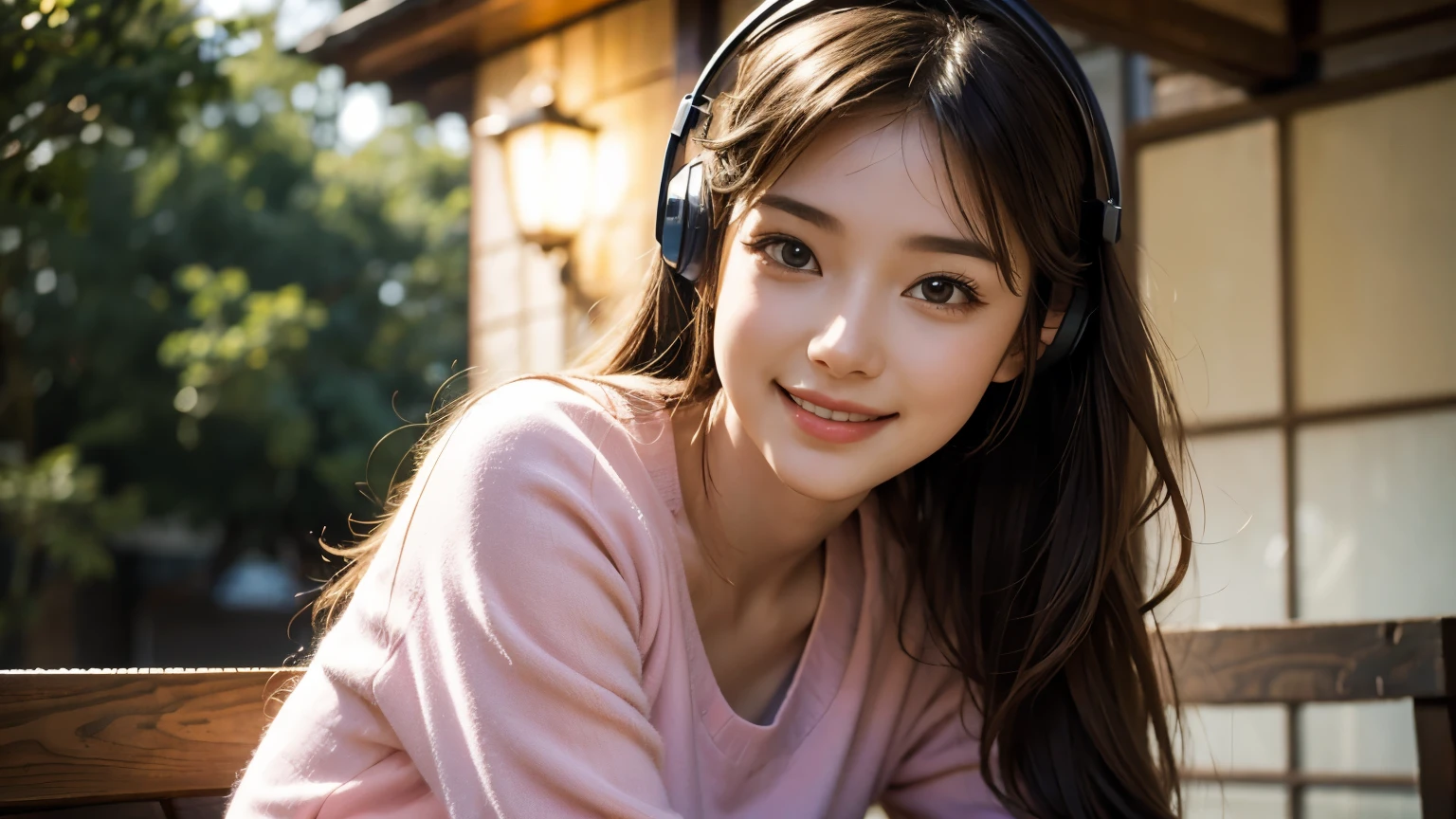 (best quality,4k,8k,highres,masterpiece:1.2),ultra-detailed,(realistic,photorealistic,photo-realistic:1.37),girl with headphones,cute, smiling,Japanese, hamers,sitting in outside,side angle,pink silky clothes,portraits,studio lighting,vibrant colors,soft lighting