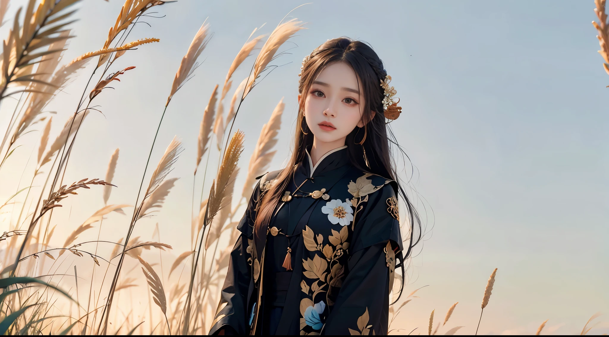 araffe woman standing in front of tall grass with a sky background, author li zhang, cover photo portrait of du juan, louise zhang, xintong chen, pengzhen zhang, wenfei ye, qiu fang, xue han, chengyou liu, portrait of christy ren, chinese woman, inspired by Song Xu, qichao wang