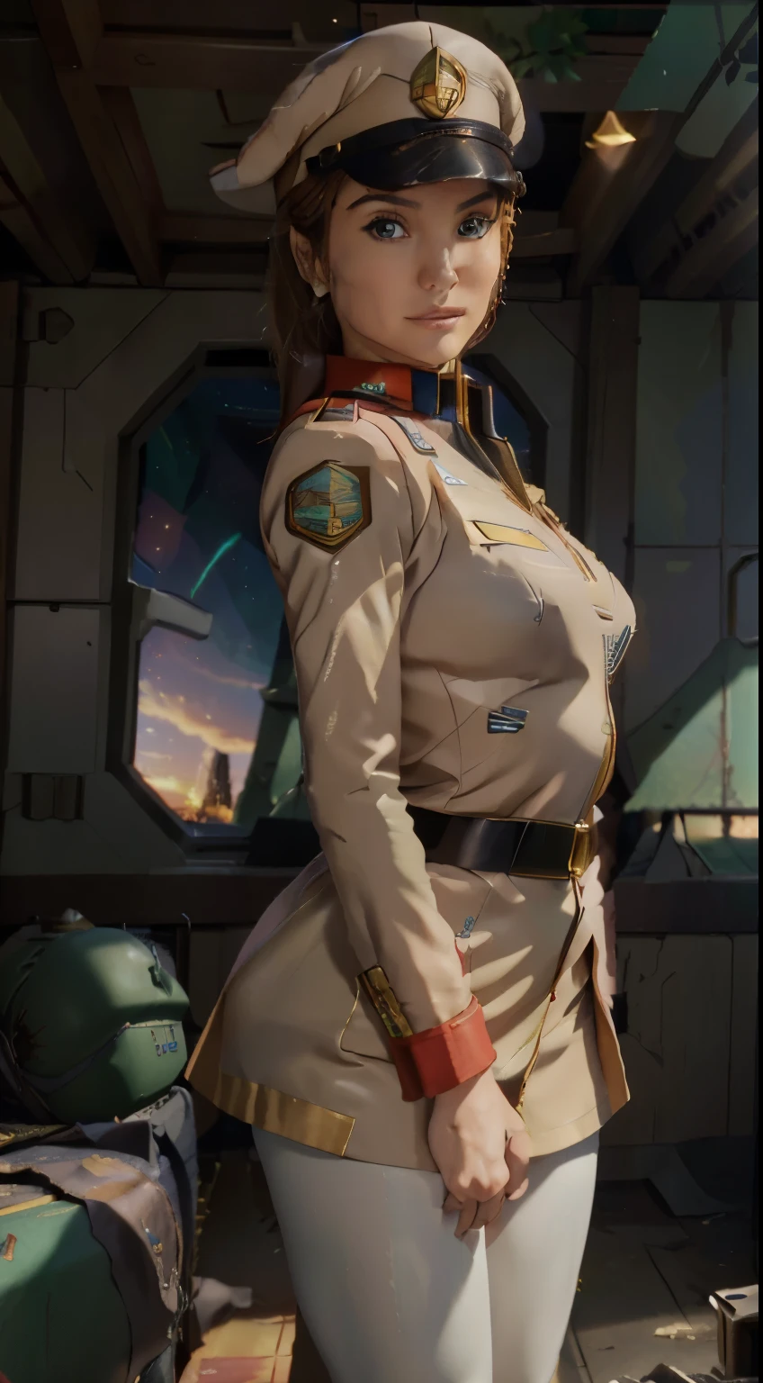 Human-like,Movie Poster,Real,(Face Resolution),Adult,Woman,25 years old,Dark green eyes,Dark black hair,Red glasses,(Double Braid hairstyle),(Smooth bang shape:1.4)),Commander uniform,Commander uniform,Standing at the Air Force Airfield,Science fiction,Sci-fi,(Reference to the film Foundation)