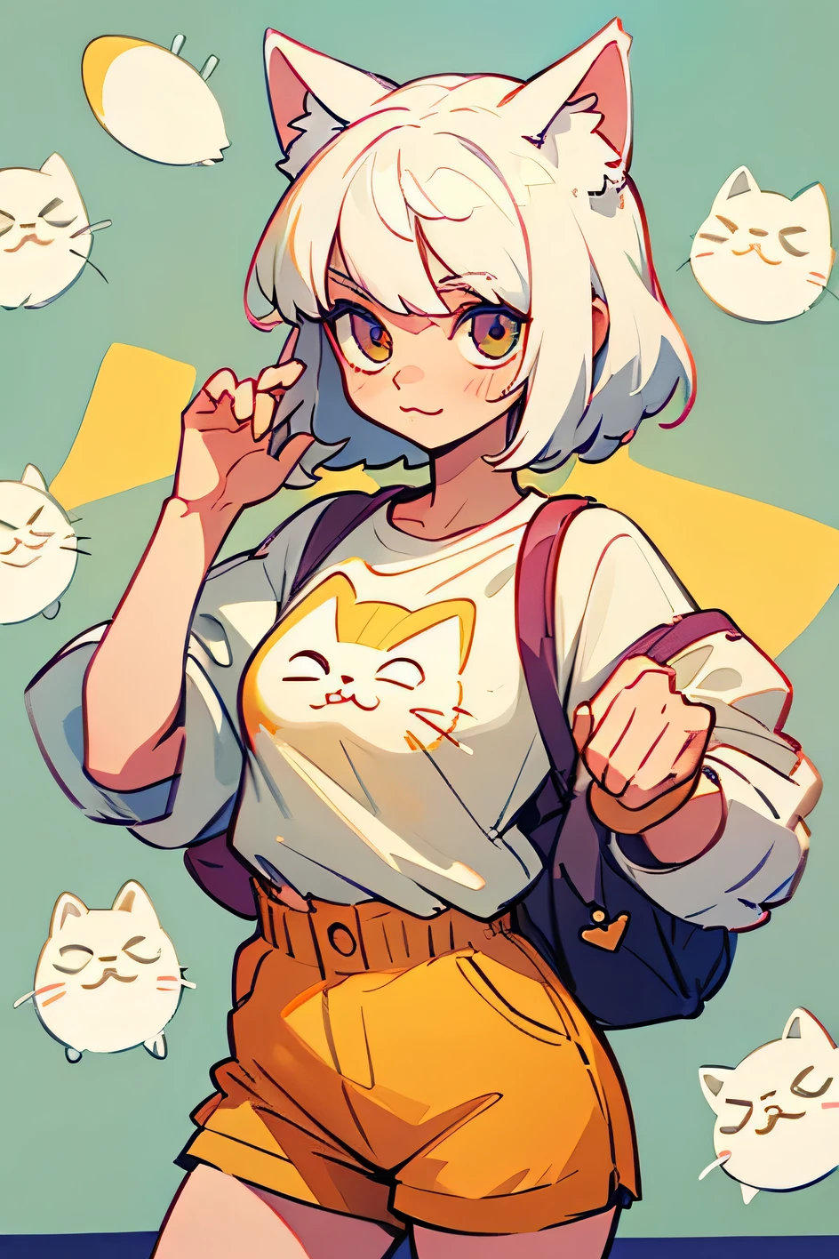 cute, A white-haired woman with cat ears wearing an egg-colored shirt with a cat pattern and shorts..