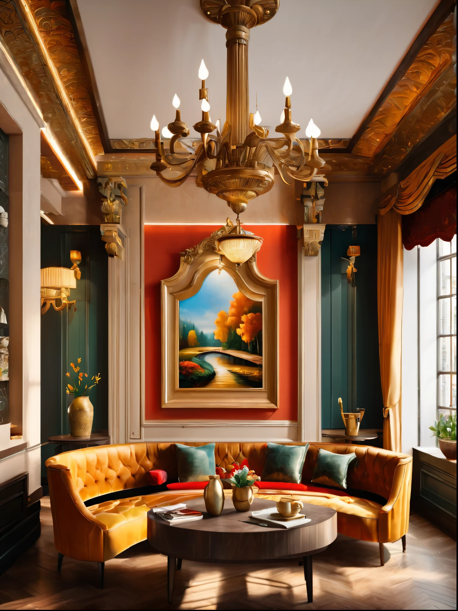 LUXURIOUS LIVING ROOM, DESIGNED VINTAGE ATMOSPHERE, ELEGANT DESIGN HIGHLIGHTING THE HISTORICAL AND CULTURAL AMBIANCE, ADORNING THE WALLS IS A MAGNIFICENT GRAND OIL PAINTING, ANTIQUE VASES AND ARTIFACTS EMBELLISH THE DINING TABLE, (BEST QUALITY, 4K, 8K, HIGH RES, MASTERPIECE:1.2), ULTRA-DETAILED, (REALISTIC, PHOTOREALISTIC, PHOTO-REALISTIC:1.37), ELEGANT DESIGN, VINTAGE VIBE, CULTURAL AMBIANCE, MAGNIFICENT GRAND OIL PAINTING, ANTIQUE VASES, AND ARTIFACTS