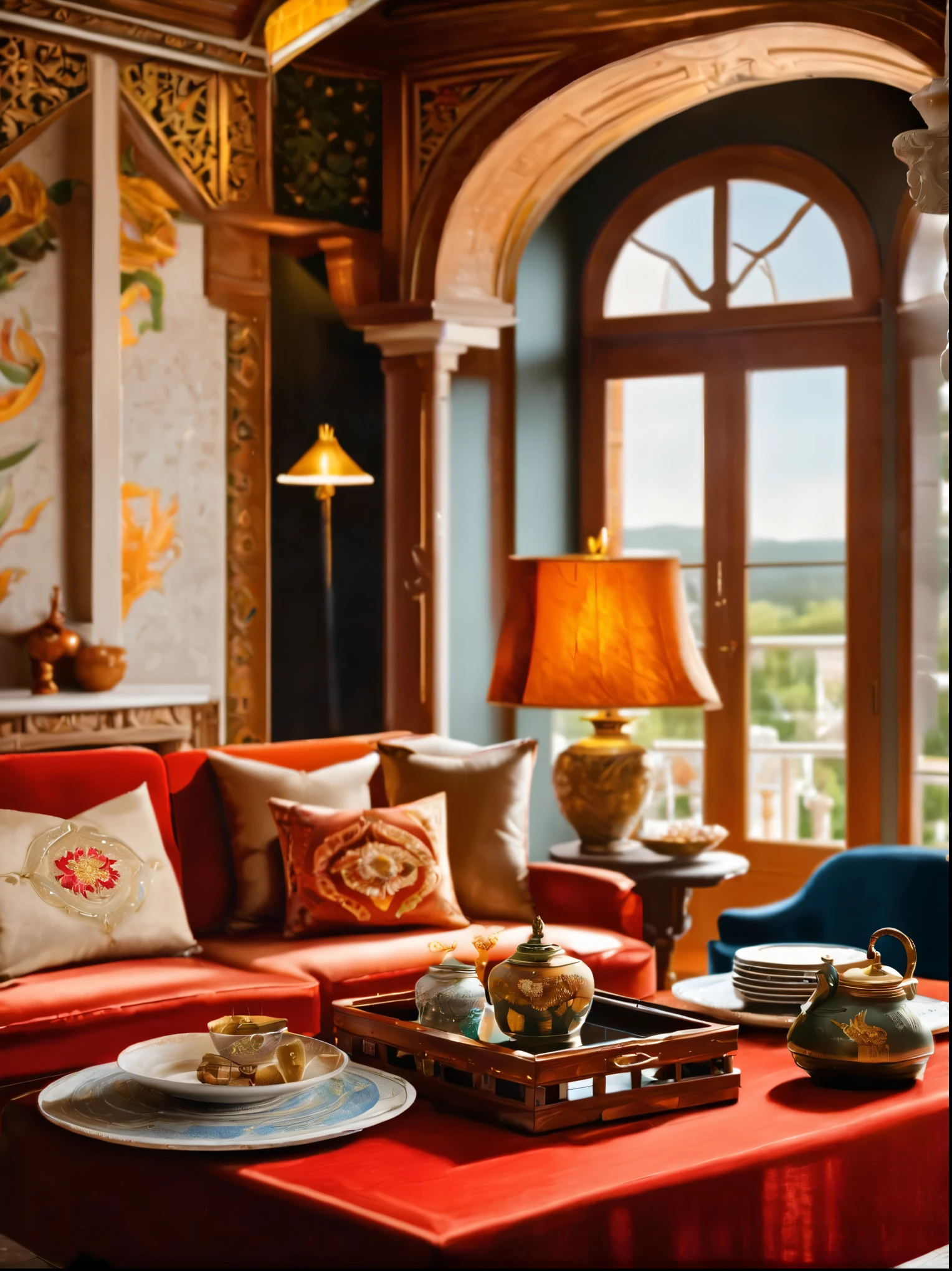 LUXURIOUS LIVING ROOM, DESIGNED VINTAGE ATMOSPHERE, ELEGANT DESIGN HIGHLIGHTING THE HISTORICAL AND CULTURAL AMBIANCE, ADORNING THE WALLS IS A MAGNIFICENT GRAND OIL PAINTING, ANTIQUE VASES AND ARTIFACTS EMBELLISH THE DINING TABLE, (BEST QUALITY, 4K, 8K, HIGH RES, MASTERPIECE:1.2), ULTRA-DETAILED, (REALISTIC, PHOTOREALISTIC, PHOTO-REALISTIC:1.37), ELEGANT DESIGN, VINTAGE VIBE, CULTURAL AMBIANCE, MAGNIFICENT GRAND OIL PAINTING, ANTIQUE VASES, AND ARTIFACTS
