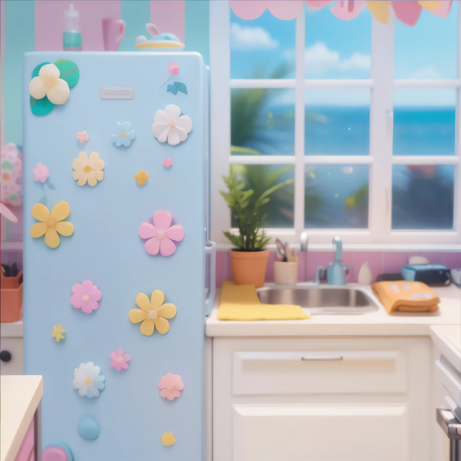 there is a refrigerator with many magnets, introductory photo of the product, pastel colorful shape, Miniature product photo, detailed decorations - width 672, Summer morning, cute features, slightly blurry, flower, blurry detail, Soft and blurry, Playful and cheerful, Eye-level view, colorful pastel, kitchen background, detailed image, Close-up with high detail