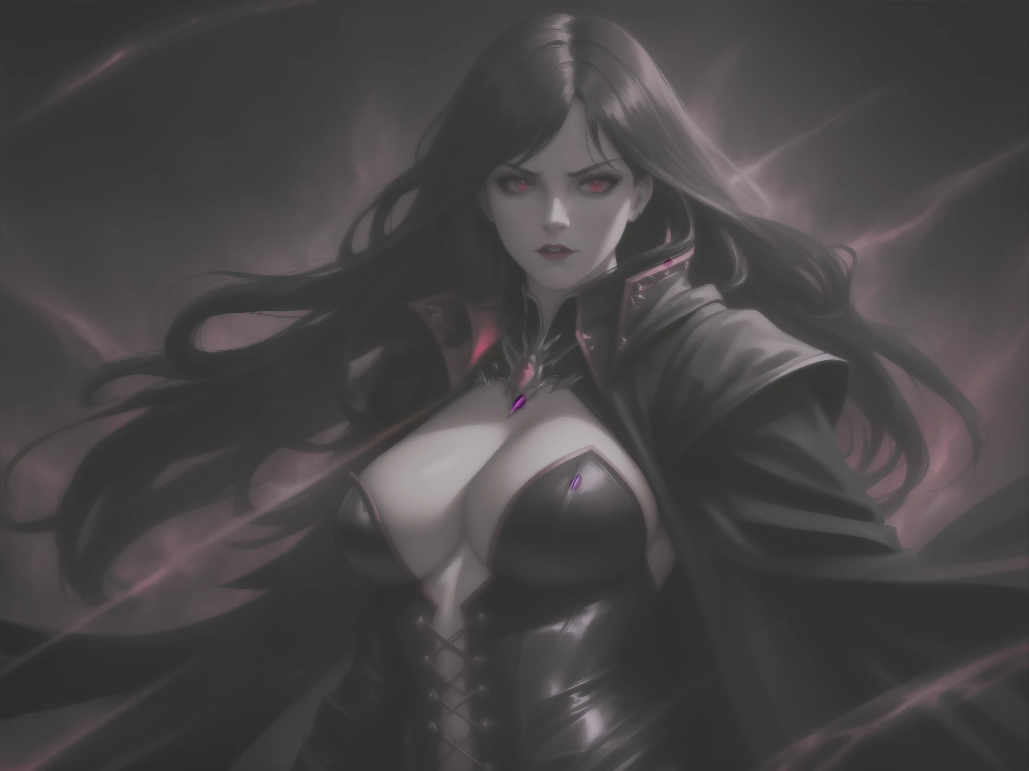 Stunning furious female Dracula, black long hair, crimson cloak, upper body, huge chest, muscular, dynamic angle, dynamic pose, space nebula background, volumetric light, fantasy best quality, 4k, 8k, highres, masterpiece, ultra detailed, realistic, portraits, vivid colours, studio lighting, physically based rendering, detail description, professional.