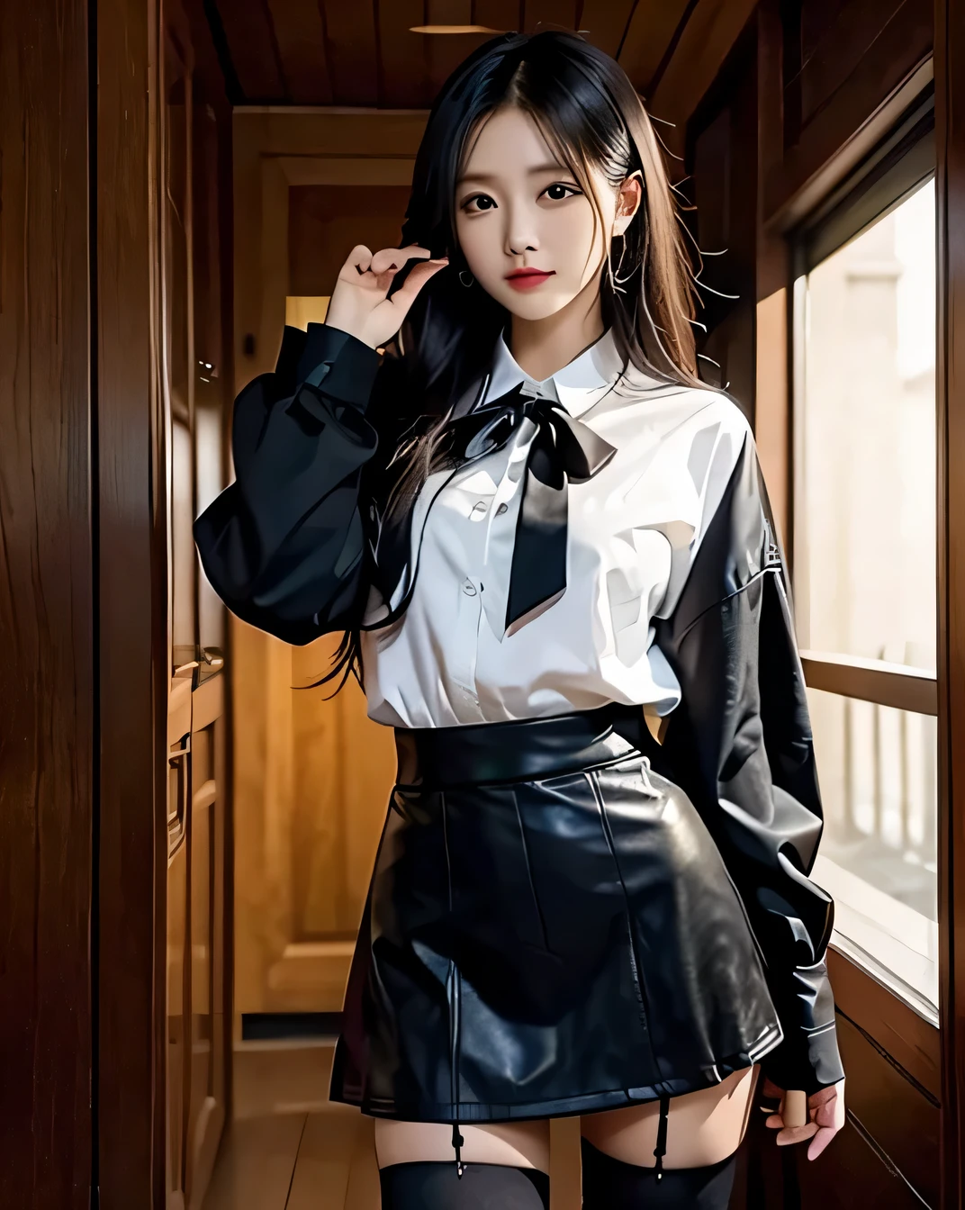 (highest quality, masterpiece:1.3, ultra high resolution), (Super detailed, caustics), black hair, cowboy shot, long hair, jirai kei, skirt, ring, jewelry, black thigh highs,black mask, shirt, cross, black skirt, frills, gothic, bow, tattoo, ribbon, long sleeve