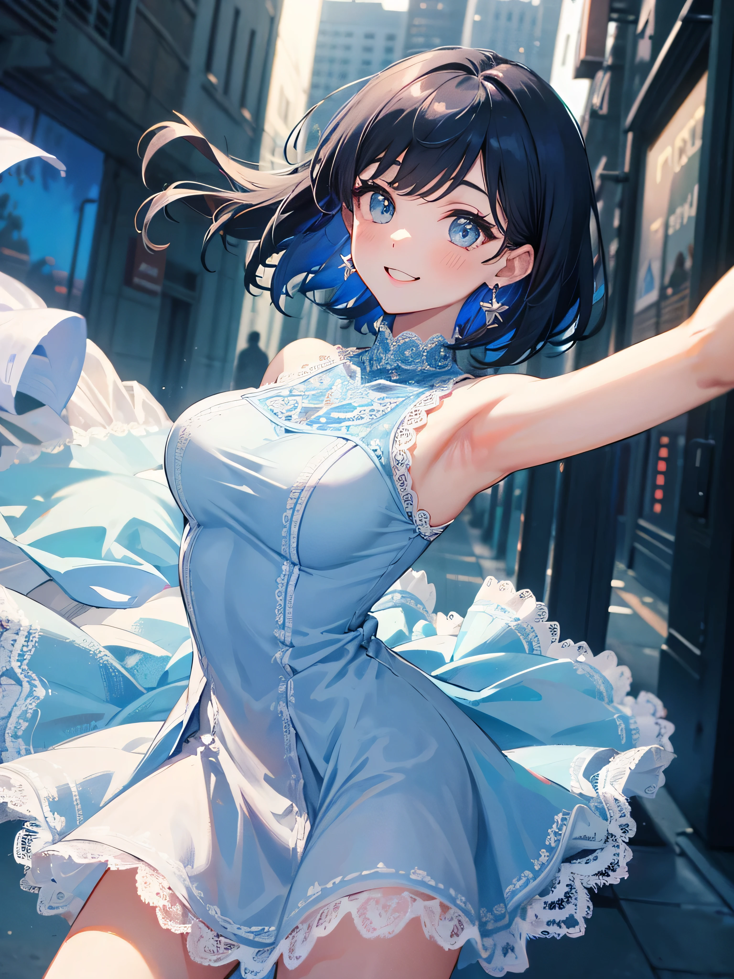 a woman posing on the street corner with light blue clothes on, highest quality, 1 girl, big breasts, Day, bright, blur background, Bokeh, outdoors, (street:0.8), (people々々, crowd:1), (Lace Trim Dresses:1.5, sleeveless dress, light blue clothes, light blue high neck dress:1.2, blue clothes: 1.5), nice, (short hair, amount:1.2), beautiful and detailed sky, earrings, (dynamic pose:1.2), (Upper body:0.8), soft lighting, Wind, shiny skin, smile,