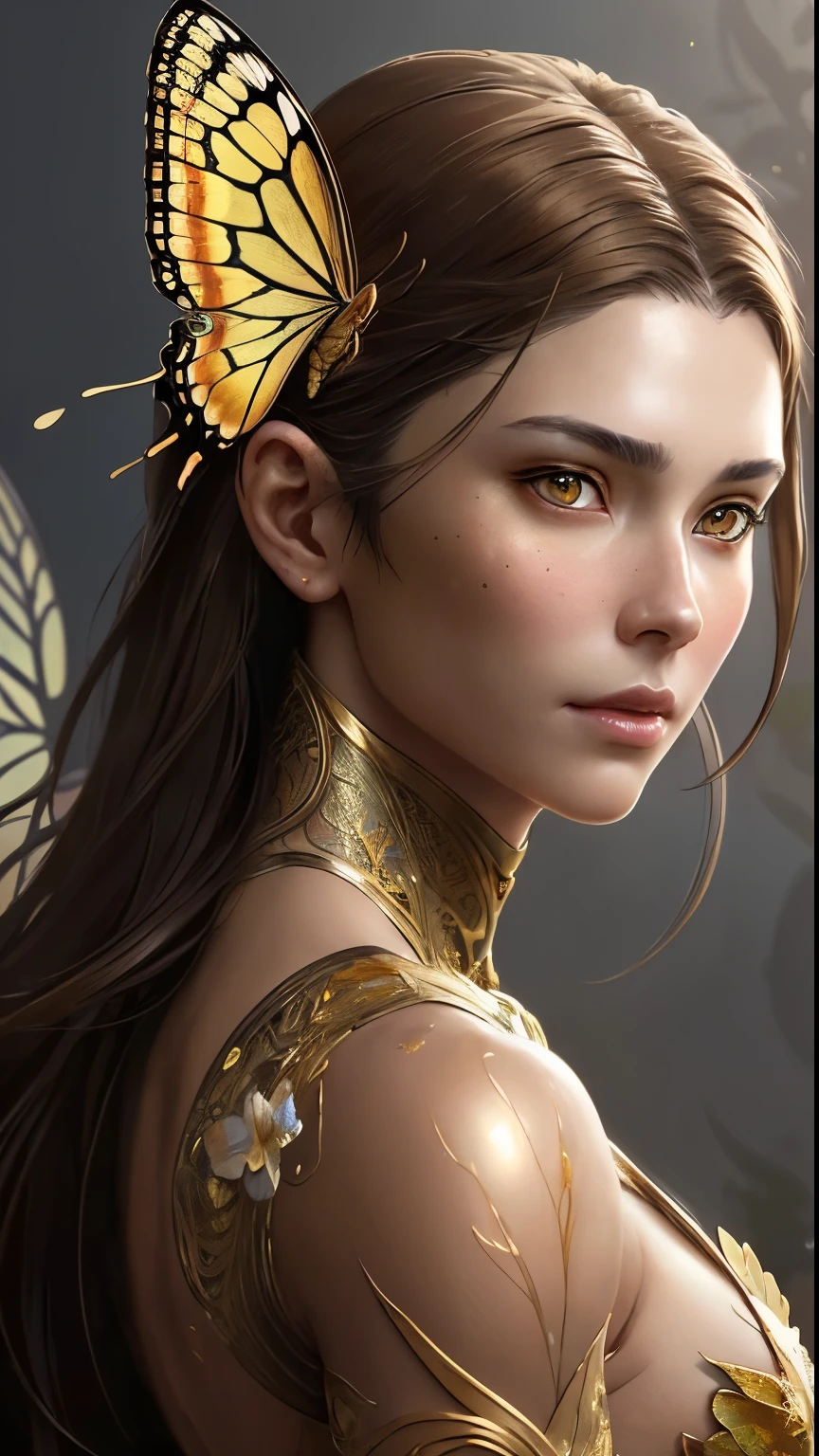 8k portrait of beautiful cyborg with brown hair, intricate, elegant, highly detailed, majestic, digital photography, art by artgerm and ruan jia and greg rutkowski surreal painting gold butterfly filigree, broken glasasterpiece, sidelighting, finely detailed beautiful eyes: 1.2), hdr, 
