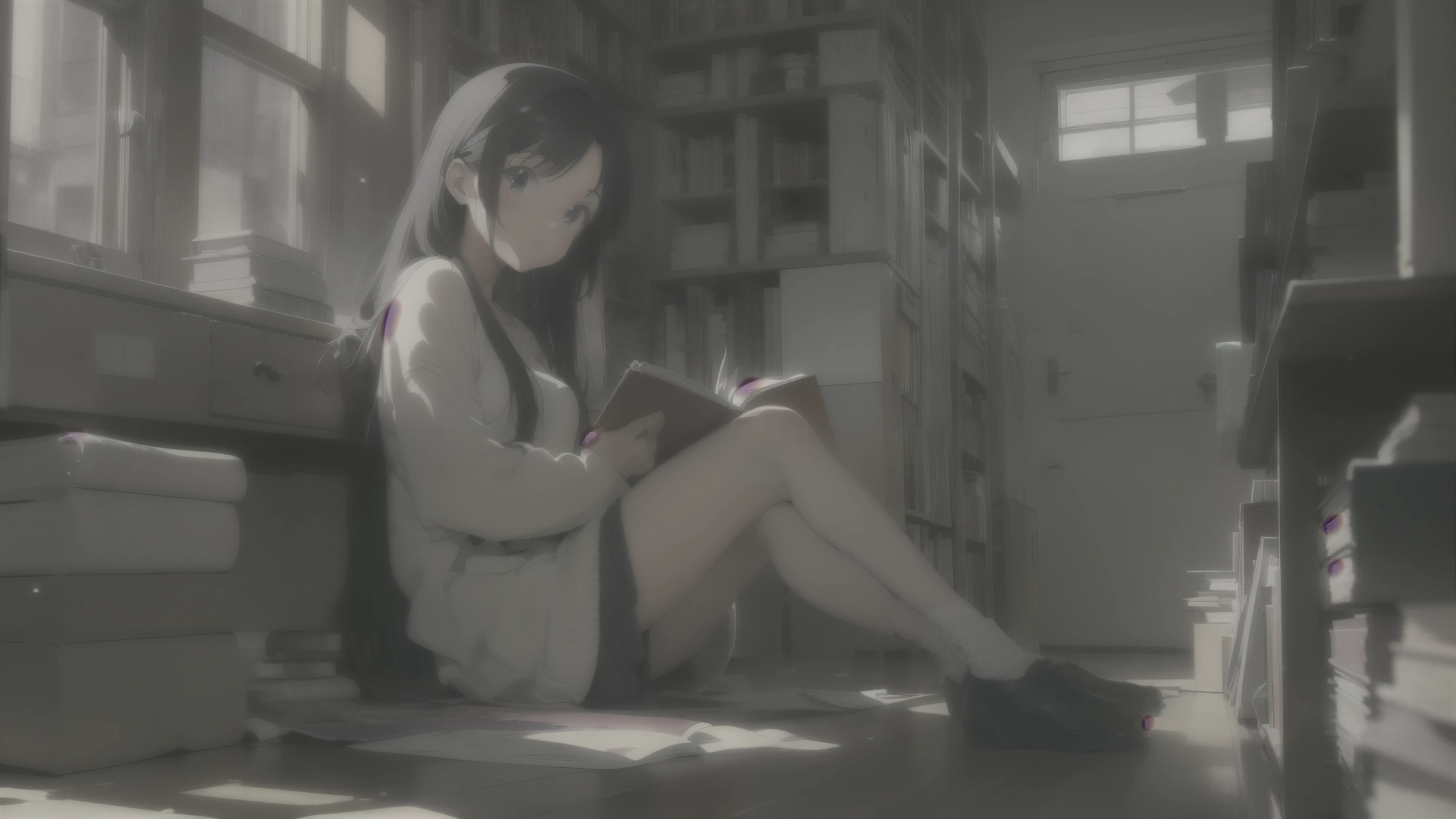 (masterpiece, 1980's anime illustration:1.1), Sweet girl with long purple hair in oversized knitted sweater, Sitting cross-legged on the floor of the bookstore, Open the book and put it on your lap, Read carefully, surrounded by piles of old books, The afternoon sun shines through the windows, Illuminating the dust floating in the air, Create a warm atmosphere, Detailed old binding on books, Patterned rug on hardwood floor, retro anime style, warm light makes