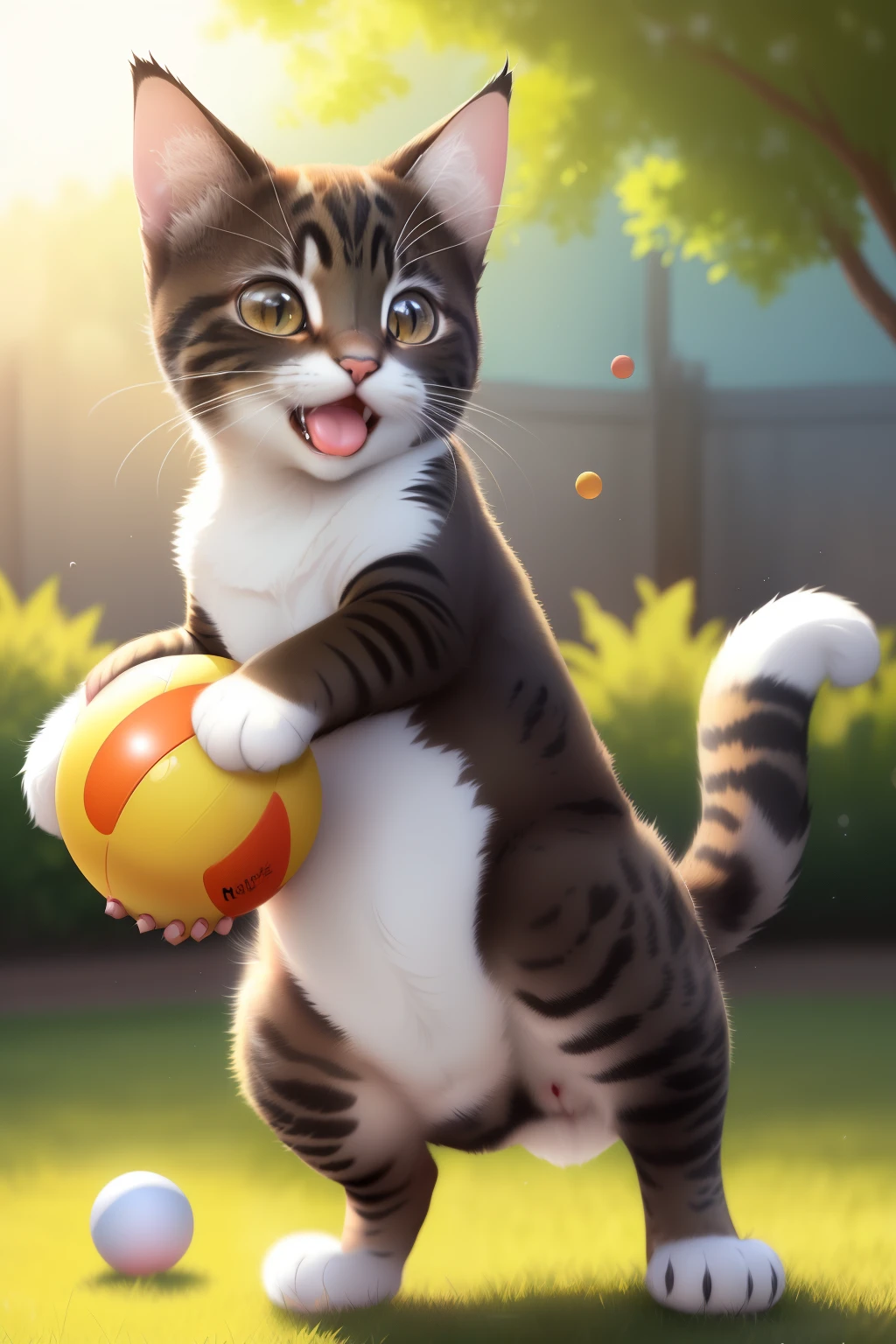 A charming and playful kitty is happily batting a brightly colored ball around with its paw. The sun casts a warm glow on its sleek fur as it bounds after the ball, its tail swishing behind it with excitement. The scene is filled with a sense of tranquility and joy, as if all is right in the world for this beloved feline friend.