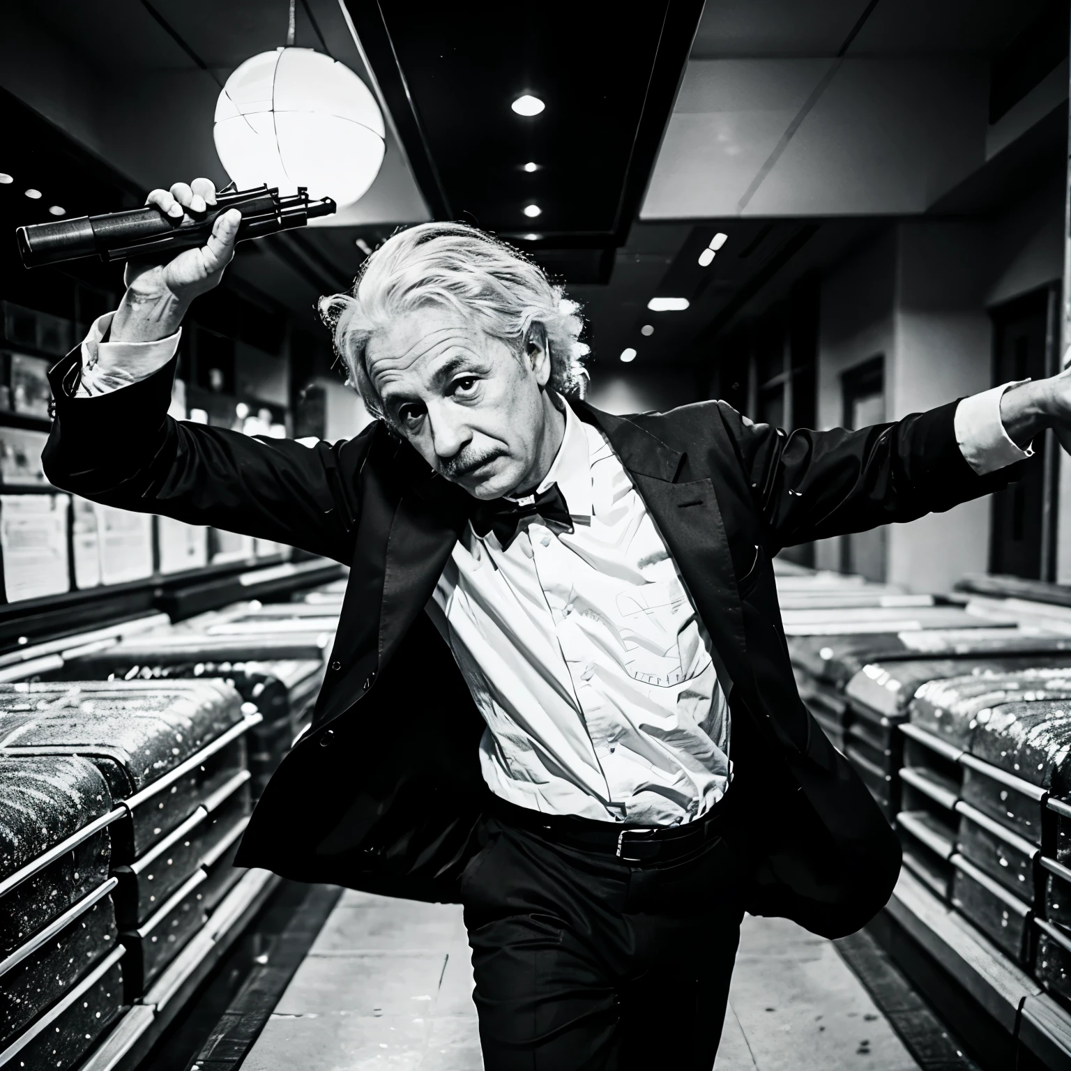 Albert Einstein holding a shotgun