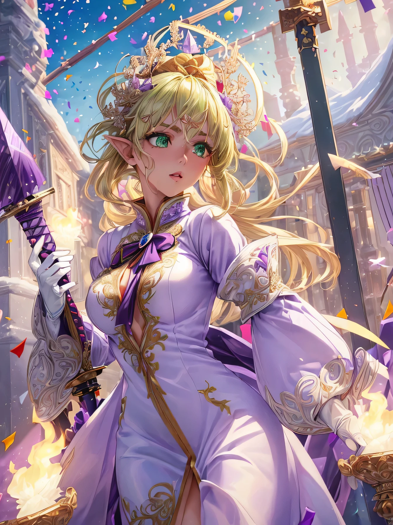 nsfw:1.1, high resolution:1.7, incredibly absurdres, kawaii:1, cute:1.5, hires.fix,anime visual:1,incredibly fine illustration,8k,masterpiece:1.2,best quality, high quality, exquisite, beautiful,insanely detailed, intricate detailed, extremely detailed, Super Definition,ultra high res, Super Resolution, best aesthetic, ultra detailed:1.5,best quality, perfect face, detailed face, masterpiece:1.2, illustration:1.2, 8k cg wallpaper, stunning art,absurdres,octane render,ultra hires, 
cute elf,((anime elf with extremely cute and beautiful blond hair)),((((blond hair,undercut blond hair,)))),(((green_eyes:1.3))),intricate eyes,beautiful detailed eyes,symmetrical eyes,big eyes:1.5,enchanting bright eyes studded with gold and silver dust,(((pinky and glowing_skin,shiny body))),upward breasts,(detailed body,(detailed face)),cute,daring,zettai ryouiki,show skin,best relationship with four fingers and one thumb,((girl trembling with sexual climax))
Break (((aqua fur coat,))), ((elegant ice dress)),(white gloves,white clothes,(((intricate outfit,intricate clothes,embroidered outfit,ornate outfit,embroidered clothes,ornate clothes))),(dynamic pose:1.0),embarrassed,(centered,scale to fit dimensions,Rule of thirds),((snowy pine forest)),winter,scenery:1.25,((intricate scenery)),((snow forest background)),(Glossy winter ornaments),highres,sharp focus,(ultra detailed,extremely detailed),(photorealistic artwork:1.37),(extremely detailed CG unity 8k wallpaper),(((vibrant colors,vibrant theme))),(intricate),full body,(perfect body),ninja, (red fire:1.5), (holding white flame sword:1.5), (holding blue energy sword:1.3), (purple flame katana:1.3), (swing a purple flame sword:1.3),battle,fight,(action pose: 1.4),(vengeful spirit come's attack), (vs vengeful spirit),(purple confetti:1.5)