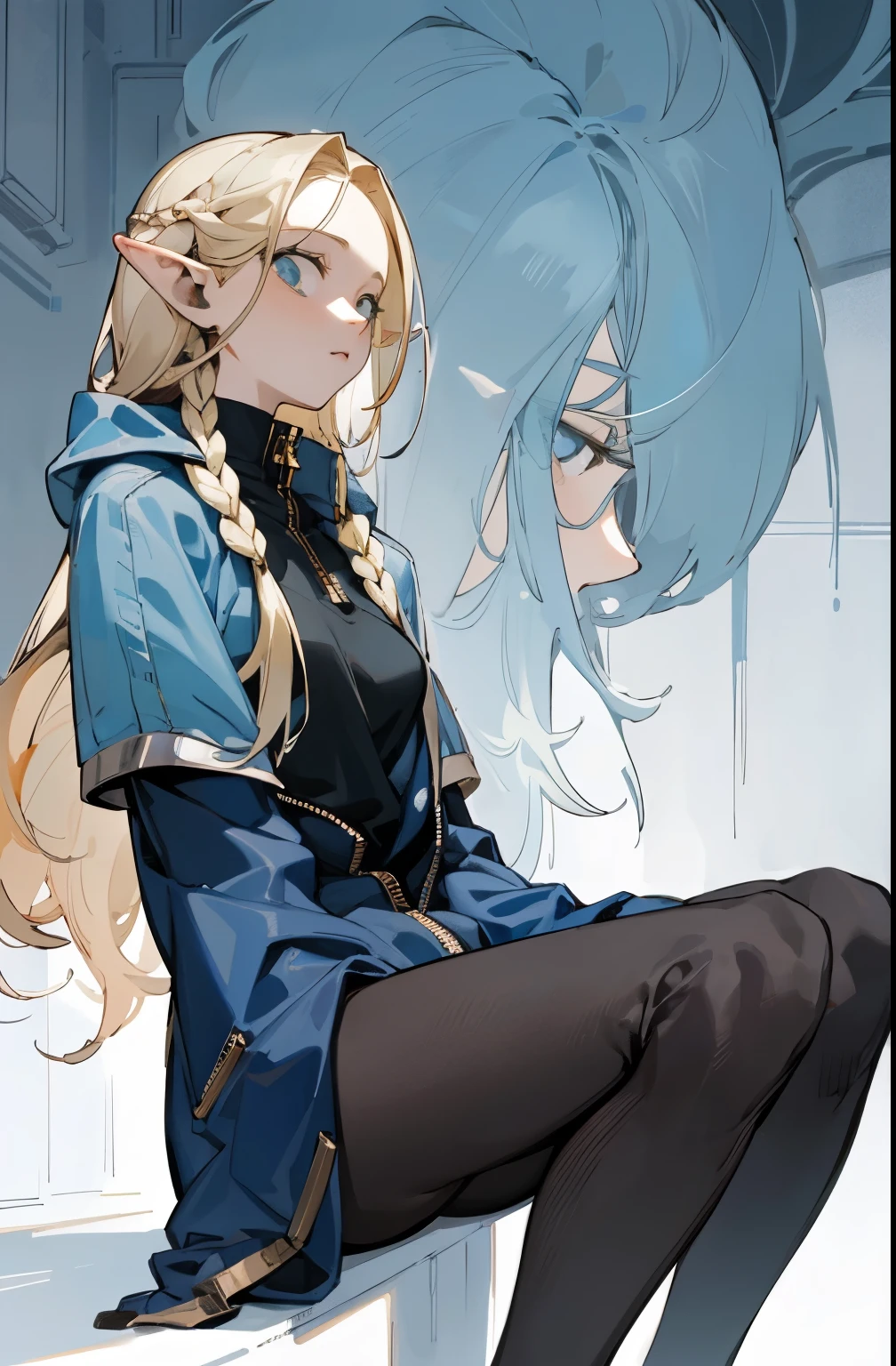 (masterpiece, best quality) detailed, 1character , blue archive art style , Wearing black tights, silver accessories , zip up , futuristic, shining , beautiful woman , pale skin ,blonde ,elegant, rich man , , pointed ears , long eyelashes , 23 years old,
, Soft faded color , Cell shadowing ,
