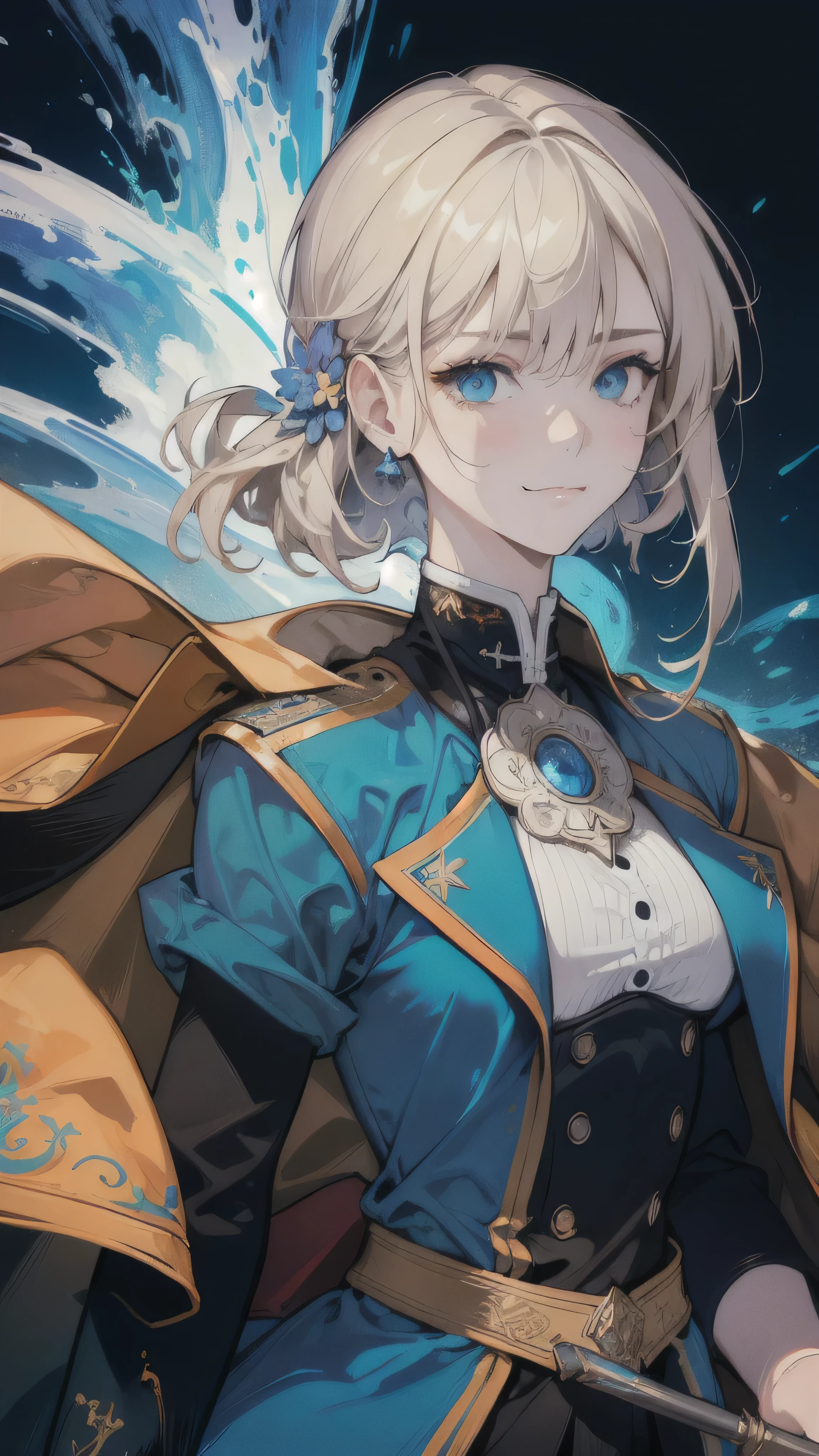 (hyperrealistic), (illustration), (high resolution), (8K), (extremely detailed), (best illustration), (beautiful detailed eyes), (best quality), (ultra-detailed), (masterpiece), (absurdres, highres, ultra detailed), 1 female, teen, 12 year old beautiful, finely detailed eyes, blond color hair, avatar the last airbender , complex pattern, detailed face, magic effect, bitter cold, cold snap, smile, (dutch angle), closed mouth, blue eyes,  orange-brown clothes with jacket (looking at the viewer) (Lookin straight at the front) 