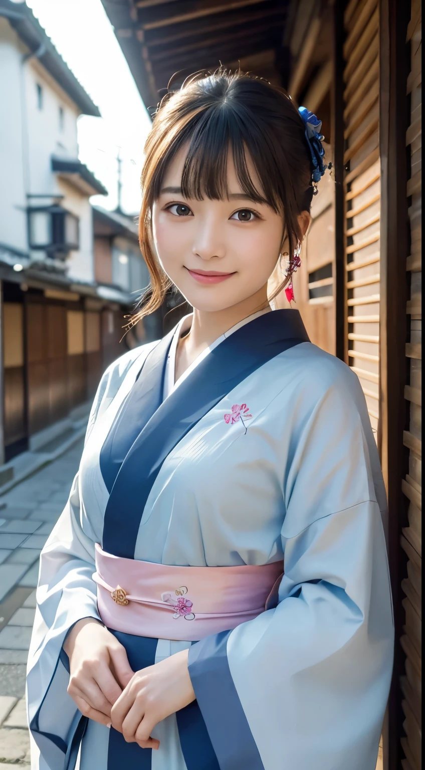 professional lighting,(Photoreal:1.4), (Top image quality:1.0), (超A high resolution:1.0), 8k, Raw photography, (masterpiece:0.2), (Pueros face_v1:0.5)、(最高quality Detail:1.2)、realistic、8k UHD、High resolution、(1 girl:1.2)、超detailedな、High quality textures、intricate details、detailed、Very detailed CG、High quality shadows、detailed 美しく繊細な顔、Beautiful details and delicate eyes、(symmetrical eyes:1.2),Depth of the bounds written、ray tracing,1 girl, japanese girl, (natural smile:1.4),cute, thin, Portrait of a beautiful Japanese woman wearing a kimono, Standing elegantly on a street corner in Kyoto. A kimono with bright traditional patterns, Hair decorated with an elegant and delicate hairpin, and a gentle expression. (Against the backdrop of the old streets of Kyoto:1.4)、soft light on a spring afternoon、adds tranquility to the scene. Rendered in a realistic style with great attention to detail, High resolutionの画像.sky porn, magic hour, (realistic:1.3), finely, quality, (table top:1.2), (realistic:1.2), (最高quality), (複雑なdetailed), dramatic, ray tracing, photograph, +roller