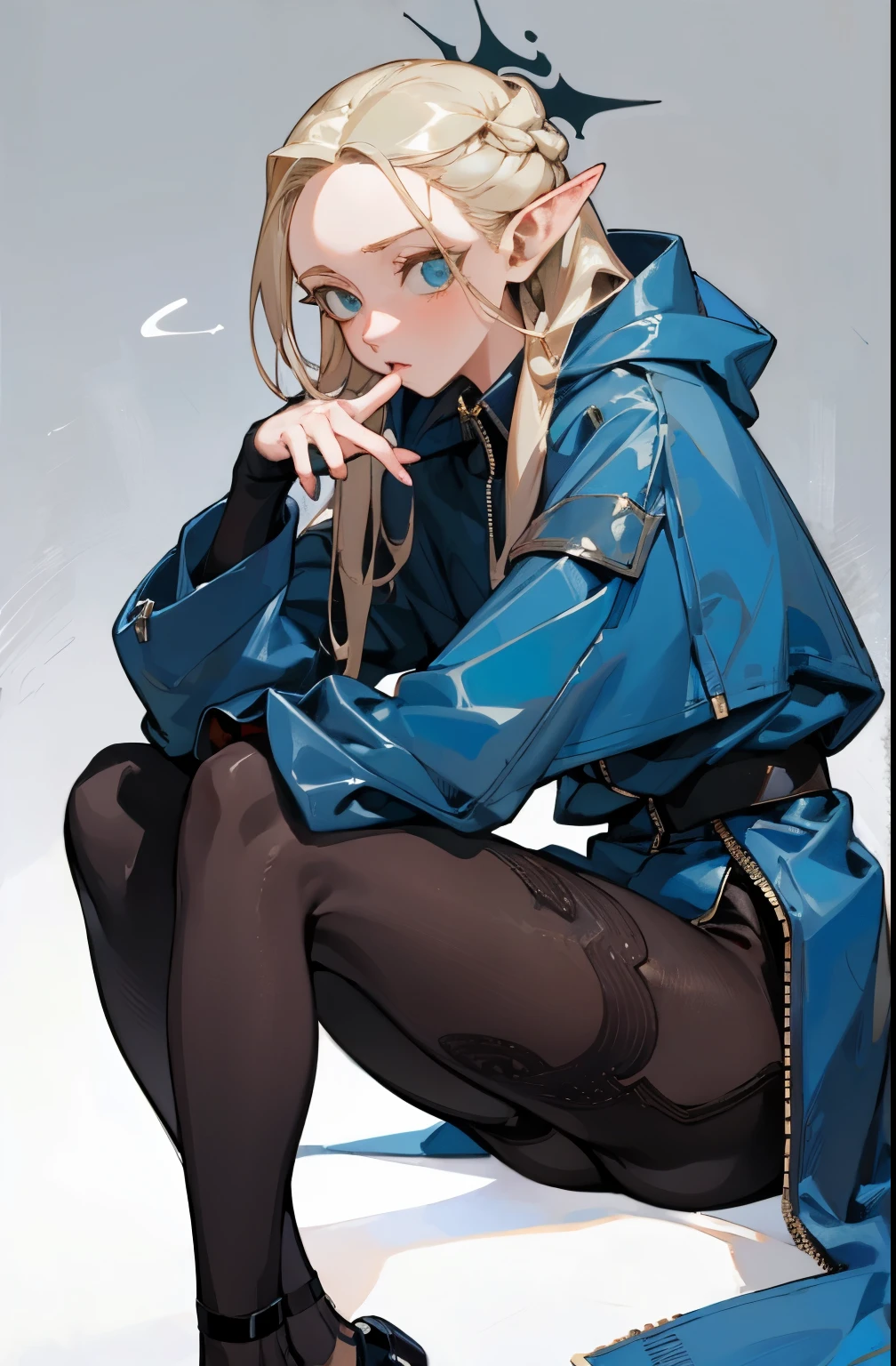 (masterpiece, best quality) detailed, 1character , blue archive art style , Wearing black tights, silver accessories , zip up , futuristic, shining , beautiful woman , pale skin ,blonde ,elegant, rich man , , pointed ears , long eyelashes , 23 years old,
, Soft faded color , Cell shadowing ,