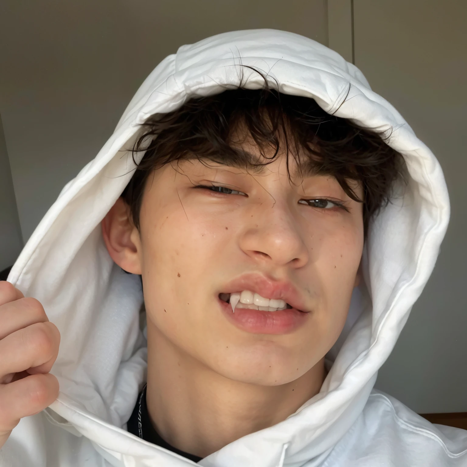 bangchan com capuz branco e olhos fechados, Steven Jung, taejune kim, Jinyoung Shin, homem sul-coreano, profile picture with headshot, Finn Wolfhard, Shinji, estou bebendo, hyung tae, taken at the beginning of 2020, 20 anos de idade, adorable and pale korean face