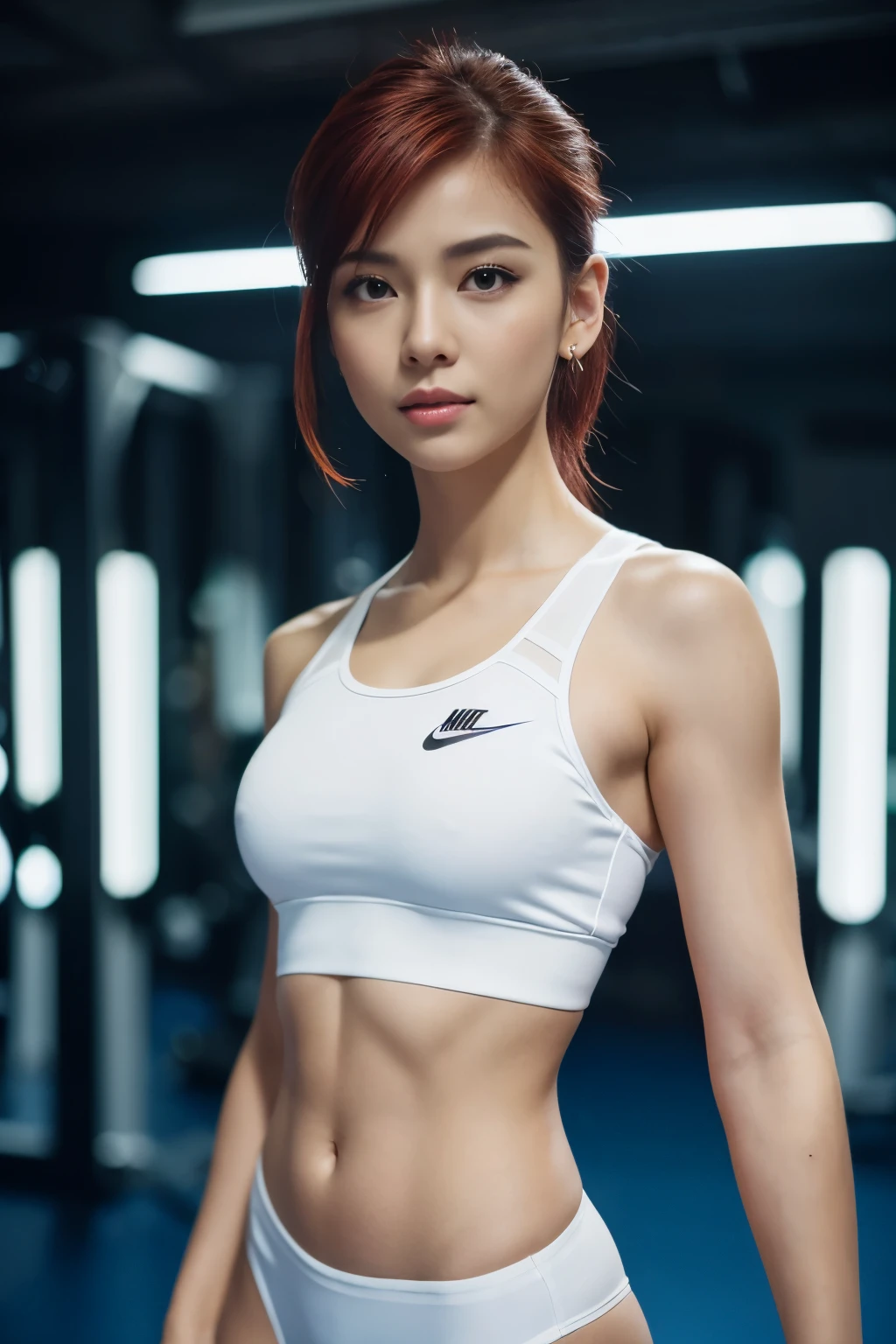 forward shot,highest quality,masterpiece,Super high resolution spreads across the entire screen,indoor at night,neon light,short red hair,white gym underwear,white gym panties,complex background,Weight scale in the background,high-tech screen in the background,smile,Clothes have less fabric,There are fitness elements in the rear,Nike,Nike,Nike,Tech gym,perfect makeup,8K quality,cyber punk,sense of science and technology,character backlight,rim light,Movement changes,flowing hairstyle,loose hairstyle,The number of fingers is also sophisticated.,6 avatar diagrams,glowing stud earrings,luminous digital necklace,Electronic digital watches,The most beautiful girl in mankind,asian girl,close-up of delicate face,super white skin,realistic image quality,Super light and shadow,That's a very good number,Arrow symbol,Brand sense,english slogan neon,runway lighting,Fitness gym at night