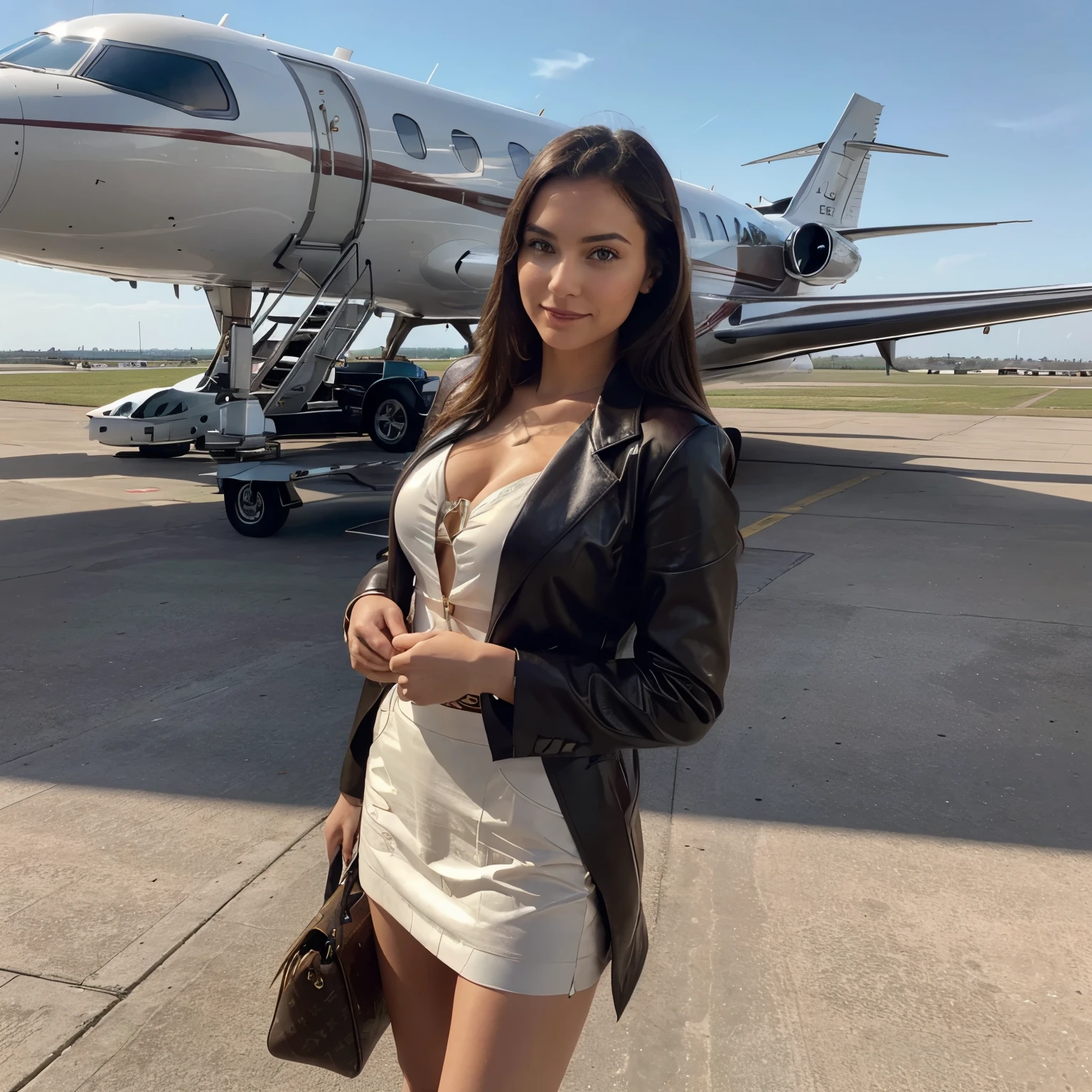 Realistic image of a beautiful burnette woman standing in front of a private jet, wearing a louis vuitton outfit , carrying a louis vuiton bag, in a cheerful pose