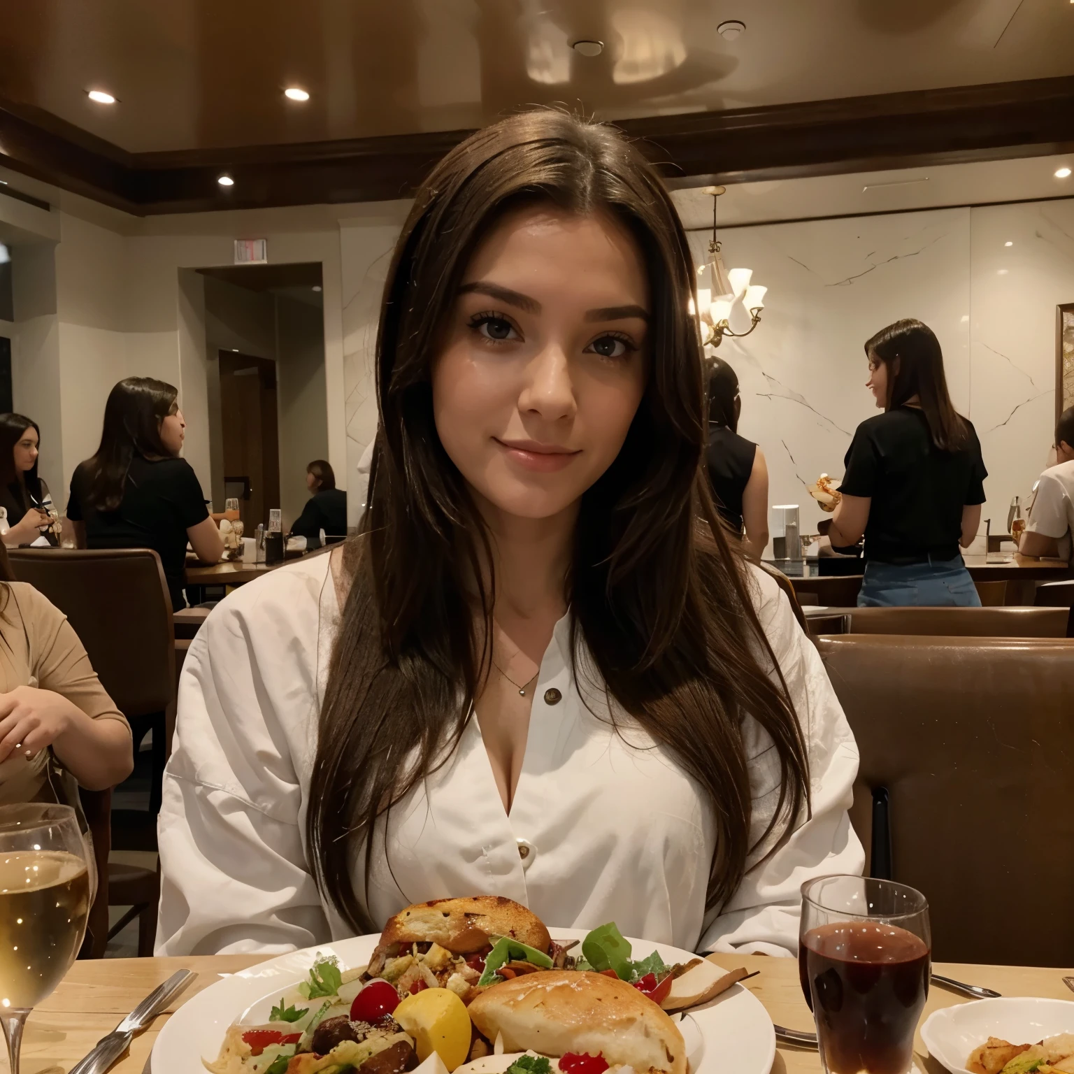Beautiful  burnette having lunch with friends at a fancy resturant 