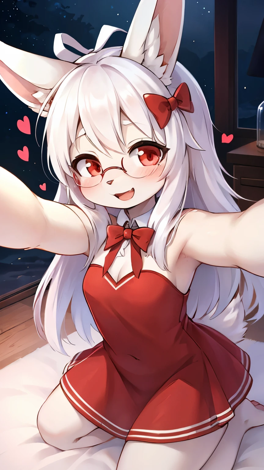 (fluffy anthro furry :1.6),(young :1.8),white rabbit girl,small ,red eyes,white long hair,wavy hair,messy hair,white drooping rabbit ears,white rabbit tail,white body fur,glasses,red ribbon bowtie,red ribbon hairpins,red bracelet,naked aa lot of cakes,professional kitchen,a lots of silver bakery tools,happy face,heart expression eyes,looking at viewer,smile,full face blush,back view