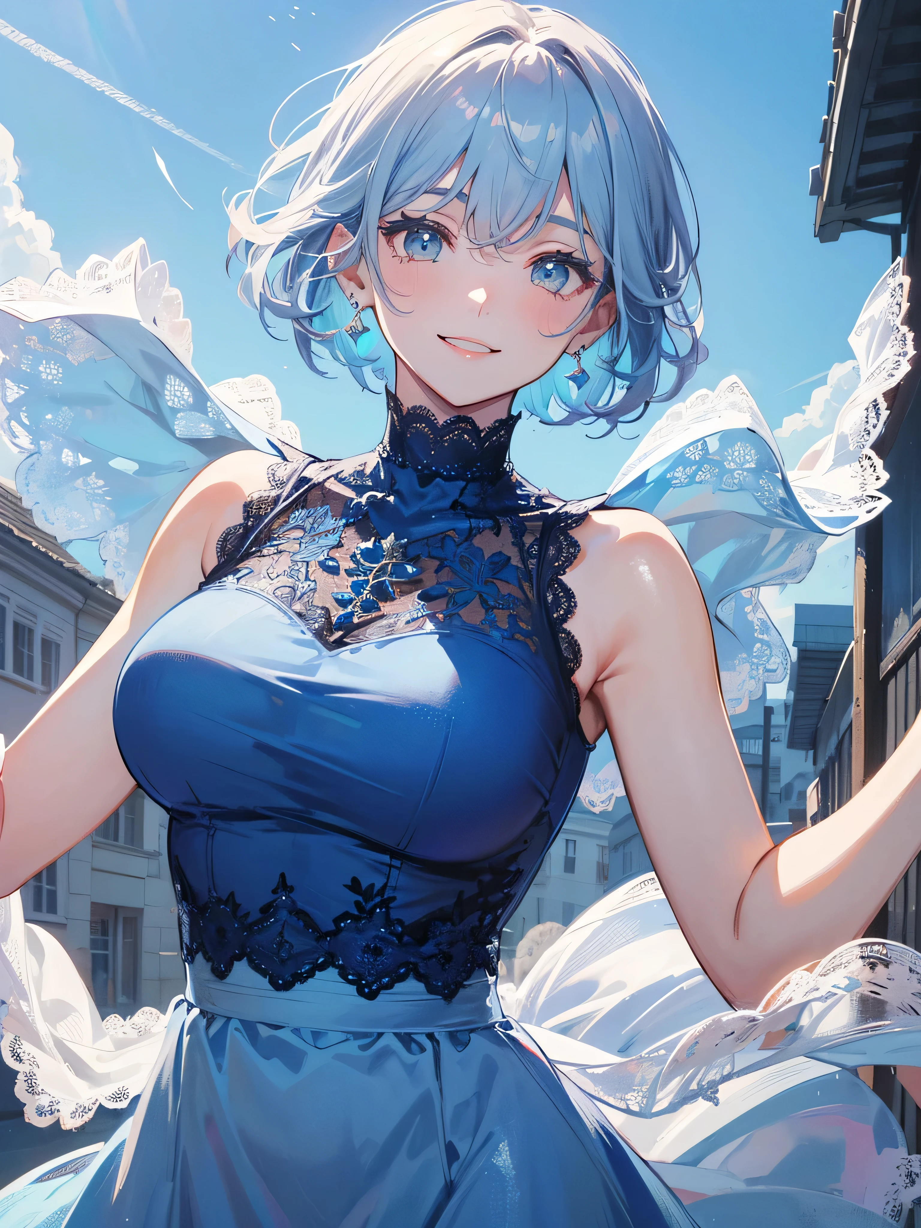 a woman posing on the street corner with light blue clothes on, highest quality, 1 girl, big breasts, Day, bright, blur background, Bokeh, outdoors, (street:0.8), (people々々, crowd:1), (Lace Trim Dresses:1.5, sleeveless dress, light blue clothes, light blue high neck dress:1.2, blue clothes: 1.5), nice, (short hair, amount:1.2), beautiful and detailed sky, earrings, (dynamic pose:1.2), (Upper body:0.8), soft lighting, Wind, shiny skin, smile,