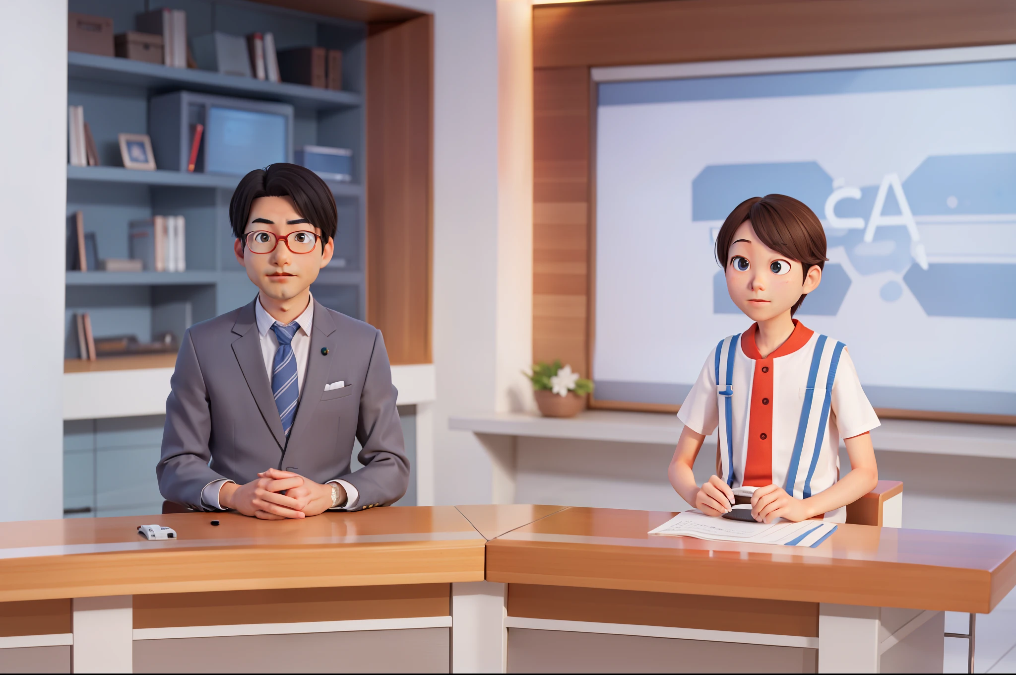 Two people are sitting at a desk in a news studio, japanese tv set show, news program, 夕方のnews program, tv set program, news coverage, kyoto studio, kimi takemura, tv set studio, tv set!, tv set news, zeen chin and terada katsuya, tv set still, advertising image,  talk show, live broadcast、pixar、3D、CG,