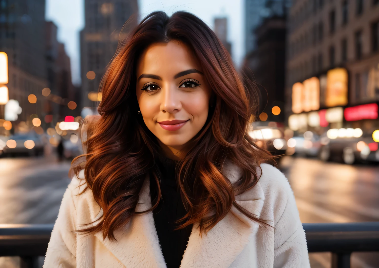 __hair color__, Latina woman, long hair, New York City background, winter, professional, 4K, HD, UHD, 8K, high detail, ultra definition
