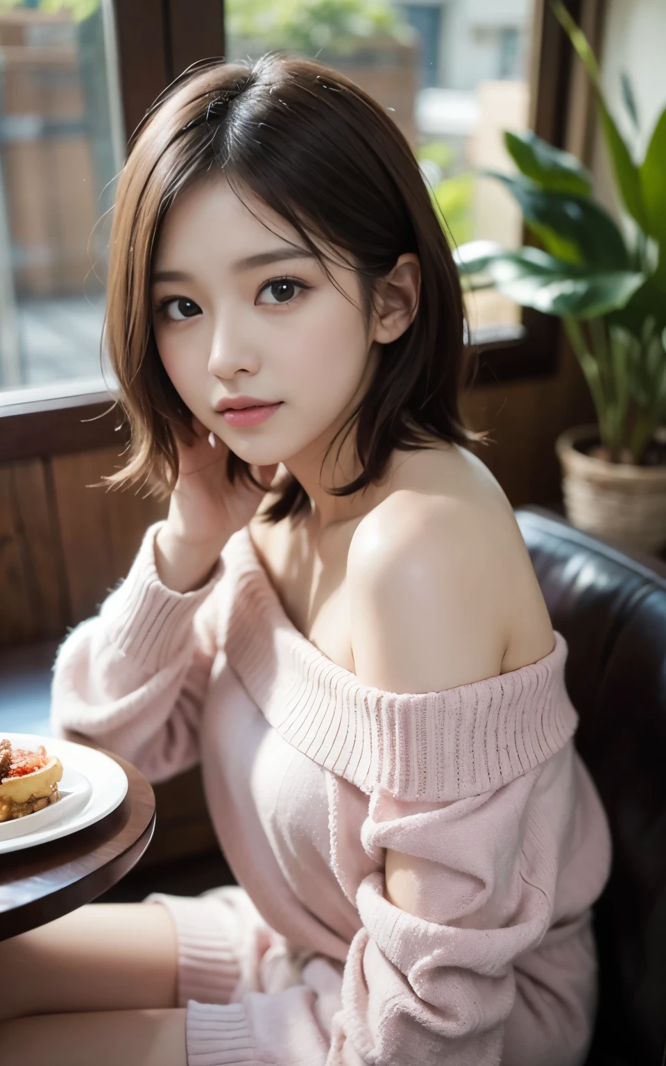 Cute Japanese 21 years old、drink coffee at a cafe、nice cafe、face is very thin、  (sweater dress(white theme、(very bright pale pink)、高品質カシミアsweater dress、(fluffy fabric)、(very tight)、off shoulder):1.3)、
BREAKSuper fine color、Attention to detail、double eyelid、beautiful and thin nose、sharp focus:1.2、beautiful woman:1.4、(light brown hair、short hair、)、pure white skin、highest quality、masterpiece、ultra high resolution、 (Photoreal:1.4)、Highly detailed and professional writing、nice smile、Please show me your whole body、Show your whole body、Arafe woman sitting at a table with a plate of food and coffee、cute young woman、gorgeous young korean woman、cute young woman、beautiful young korean woman、cute - detailed - face、girl portrait、young and cute girl、Young Asian woman、young asian girl