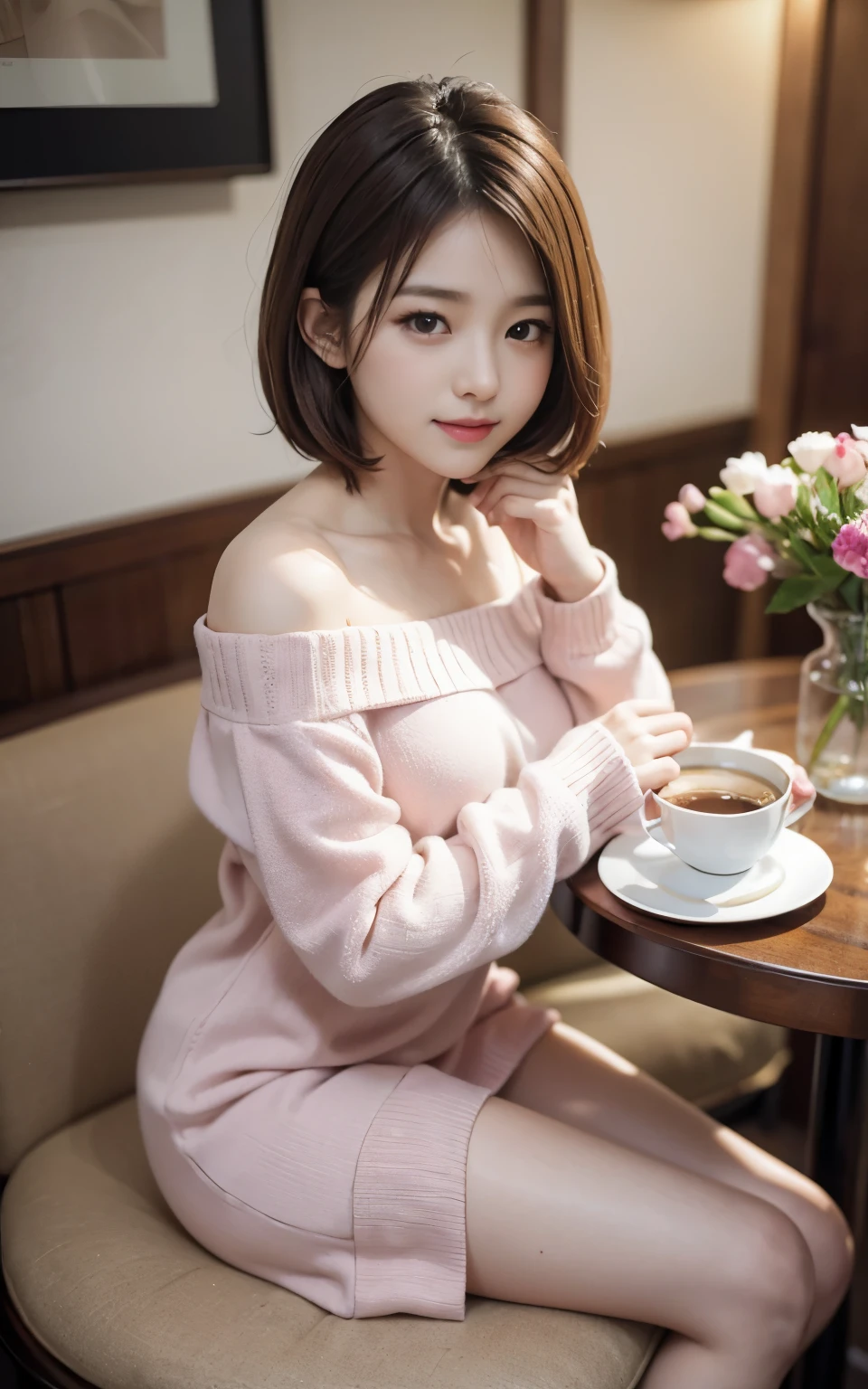 Cute Japanese 21 years old、drink coffee at a cafe、nice cafe、face is very thin、 (sweater dress(white theme、(very bright pale pink)、高品質カシミアsweater dress、(fluffy fabric)、(very tight)、off shoulder):1.3)、
BREAKSuper fine color、Attention to detail、double eyelid、beautiful and thin nose、sharp focus:1.2、beautiful woman:1.4、(light brown hair、short hair、)、pure white skin、highest quality、masterpiece、ultra high resolution、 (Photoreal:1.4)、Highly detailed and professional writing、nice smile、Please show me your whole body、Show your whole body、Arafe woman sitting at a table with a plate of food and coffee、cute young woman、gorgeous young korean woman、cute young woman、beautiful young korean woman、cute - detailed - face、girl portrait、young and cute girl、Young Asian woman、young asian girl