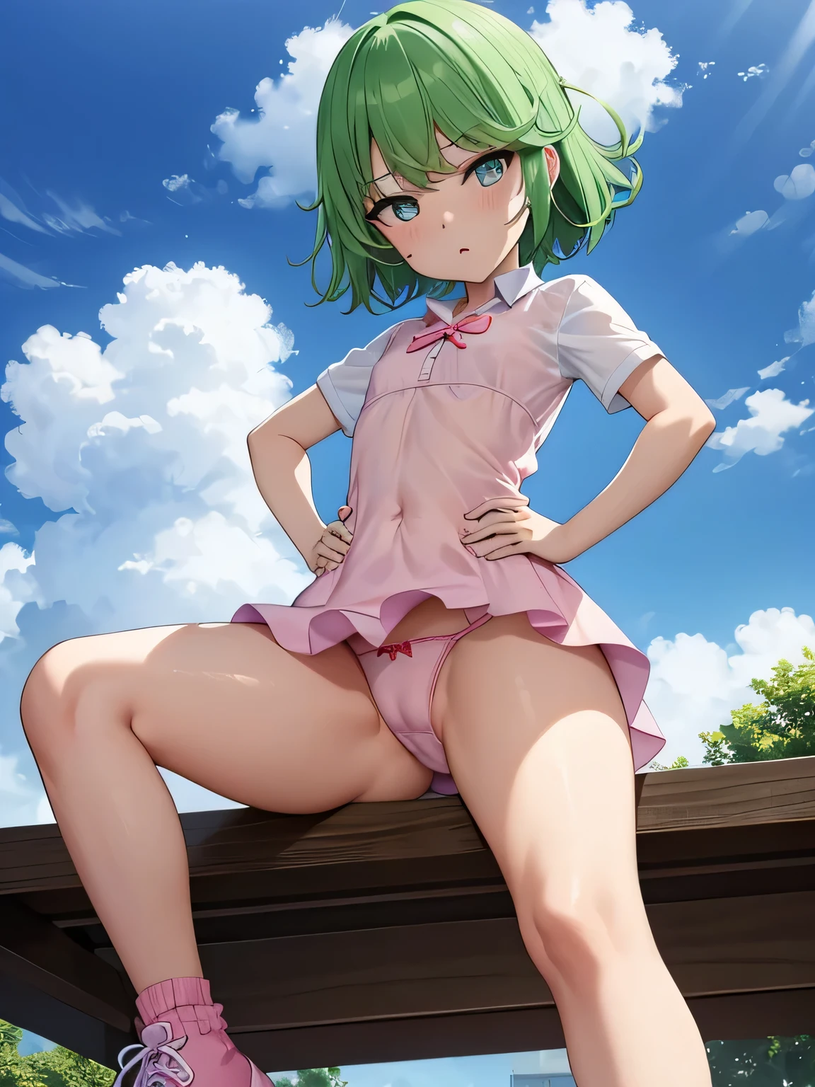 highest quality、ultra high resolution、Professional specifications、green hair,green eyes、embarrassing、(collar),(lead)、(())、((flat chest))、medium hair、((The outline shines))、((stand with hands on hips:1.5))、((From under her feet:1.8))、small ass、((white panties))、school classroom、((10 old))、lolicon、(((spgs wide open)))、turned up skirt、panties close up、pink and white dress、Children&#39;s wear、red ribbon、(((Transparent)))、cat emphasis、open your mouth、彼女はパンティを見られるのがembarrassing、Forced to lick pussy