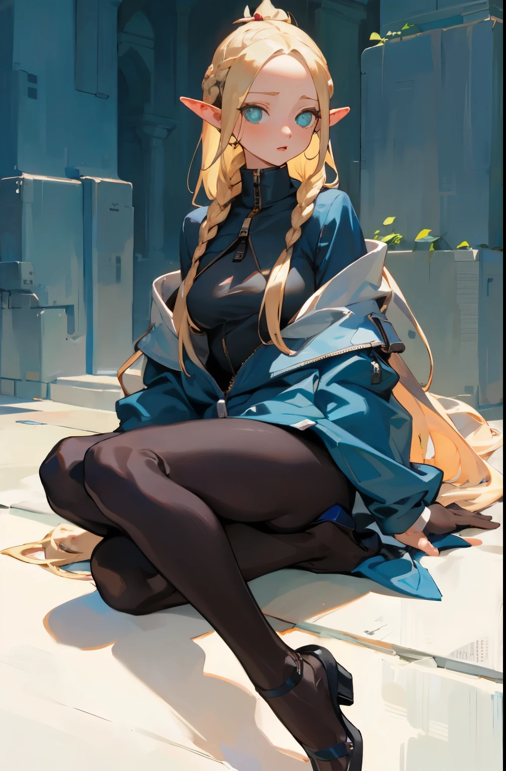 (Fox ears), Exquisite eyes,   Blonde ，Facial details,  Red Eyeshadow, masterpiece, high quality,  Large Breasts，Black pantyhose，Deep V one-piece swimsuit，coat