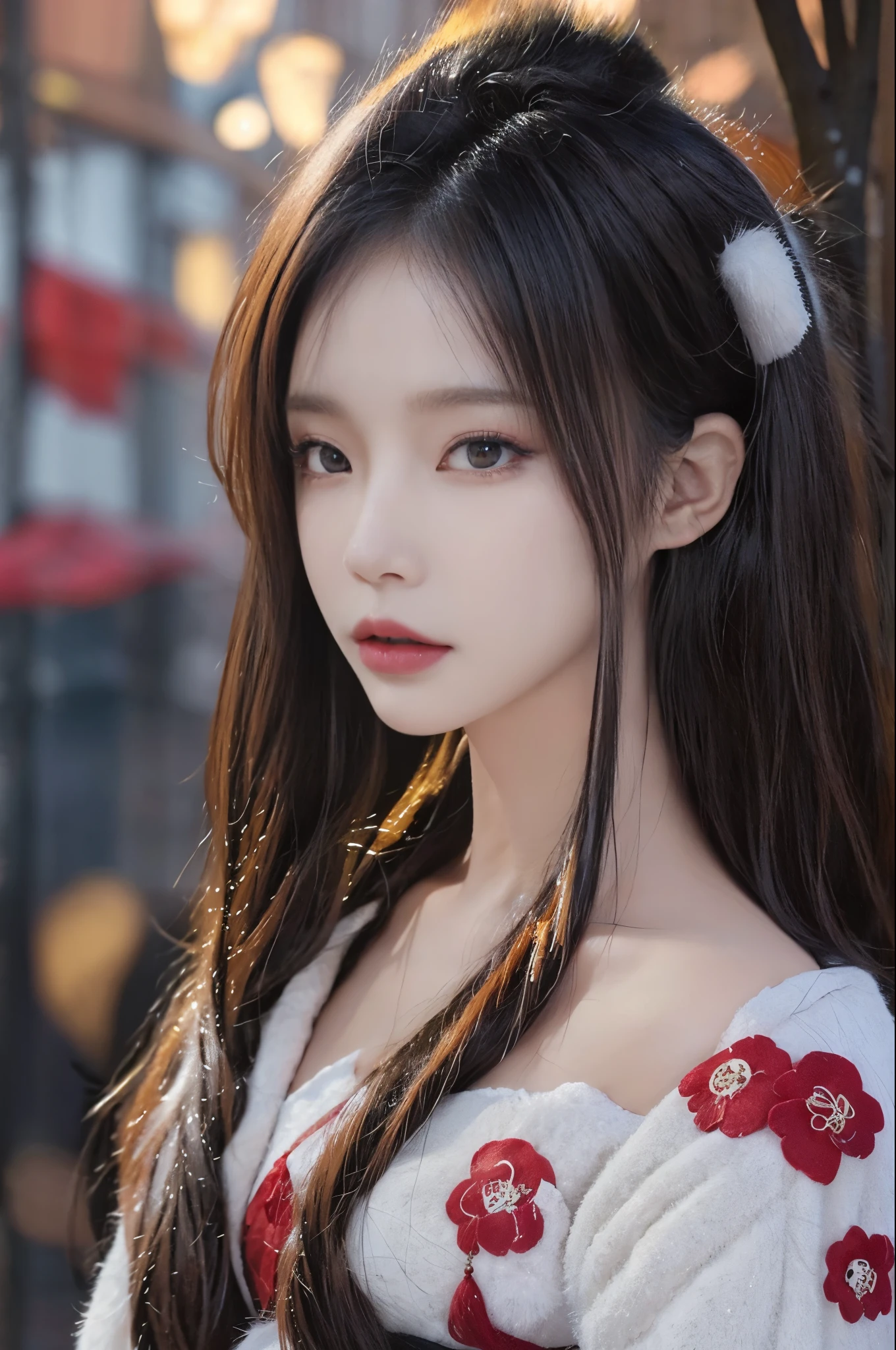 Japanese shrine standing in a snowy landscape, early morning of new year's Day, ((Beautiful Japanese girl wearing furisode for New Year celebration, Floral, fur part)), alone, (realistic:1.4), masterpiece, highest quality, 8k, ultra high resolution, cowboy shot, Looks like a Japanese idol, So cute, elegant, A little bewitching, parted lips, Glossy skin, cinematic composition, Professional warm lighting and shading, highly detailed eyes and face, Beautiful eyes in every detail, Beautiful and realistic skin texture with great detail, (correct body balance, accurate needle, accurate eyes)