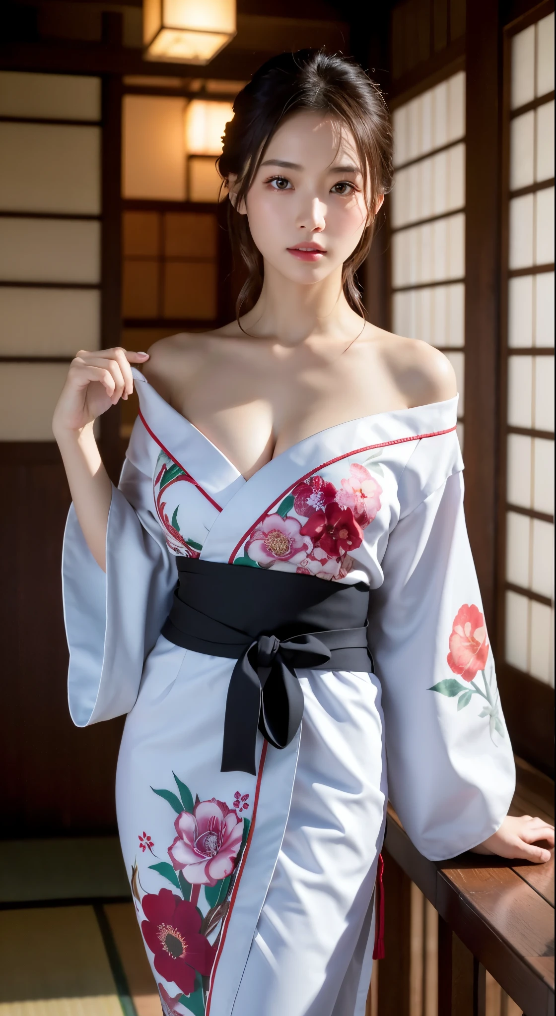 Japanese shrine standing in a snowy landscape, early morning of new year's Day, ((Beautiful Japanese girl wearing furisode for New Year celebration, Floral, fur part)), alone, (realistic:1.4), masterpiece, highest quality, 8k, ultra high resolution, cowboy shot, Looks like a Japanese idol, So cute, elegant, A little bewitching, parted lips, Glossy skin, cinematic composition, Professional warm lighting and shading, highly detailed eyes and face, Beautiful eyes in every detail, Beautiful and realistic skin texture with great detail, (correct body balance, accurate needle, accurate eyes)