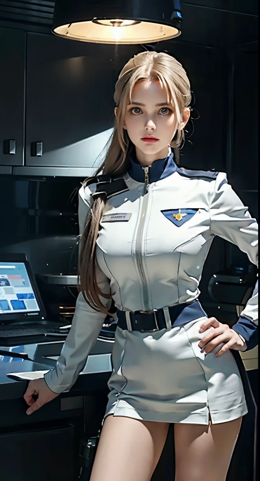 JK woman in uniform posing in the kitchen with a knife, miniskirt bare legs、Wearing RR Diner uniform, wearing a space cadet costume, JK uniform, Pilot costume, full uniform, wearing space tech wear, futuristic spaceship crew, white uniform, portrait anime space cadet girl, smooth white tight clothing suit, wearing a human air force jumpsuit, wearing an atompunk jumpsuit, girl in uniform
