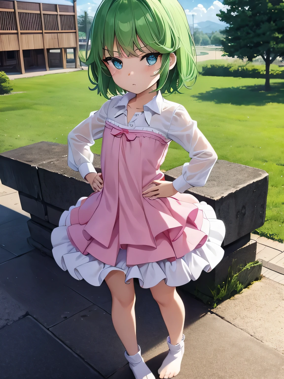 highest quality、ultra high resolution、Professional specifications、green hair,green eyes、cry、(collar),(lead)、(())、((flat chest))、medium hair、((The outline shines))、((stand with hands on hips:1.5))、((From under her feet:1.8))、small ass、((white panties))、school classroom、((10 years old))、loliconour legs wide open)))、turned up skirt、panties close up、pink and white dress、Children&#39;s wear、red ribbon、(((Transparent)))