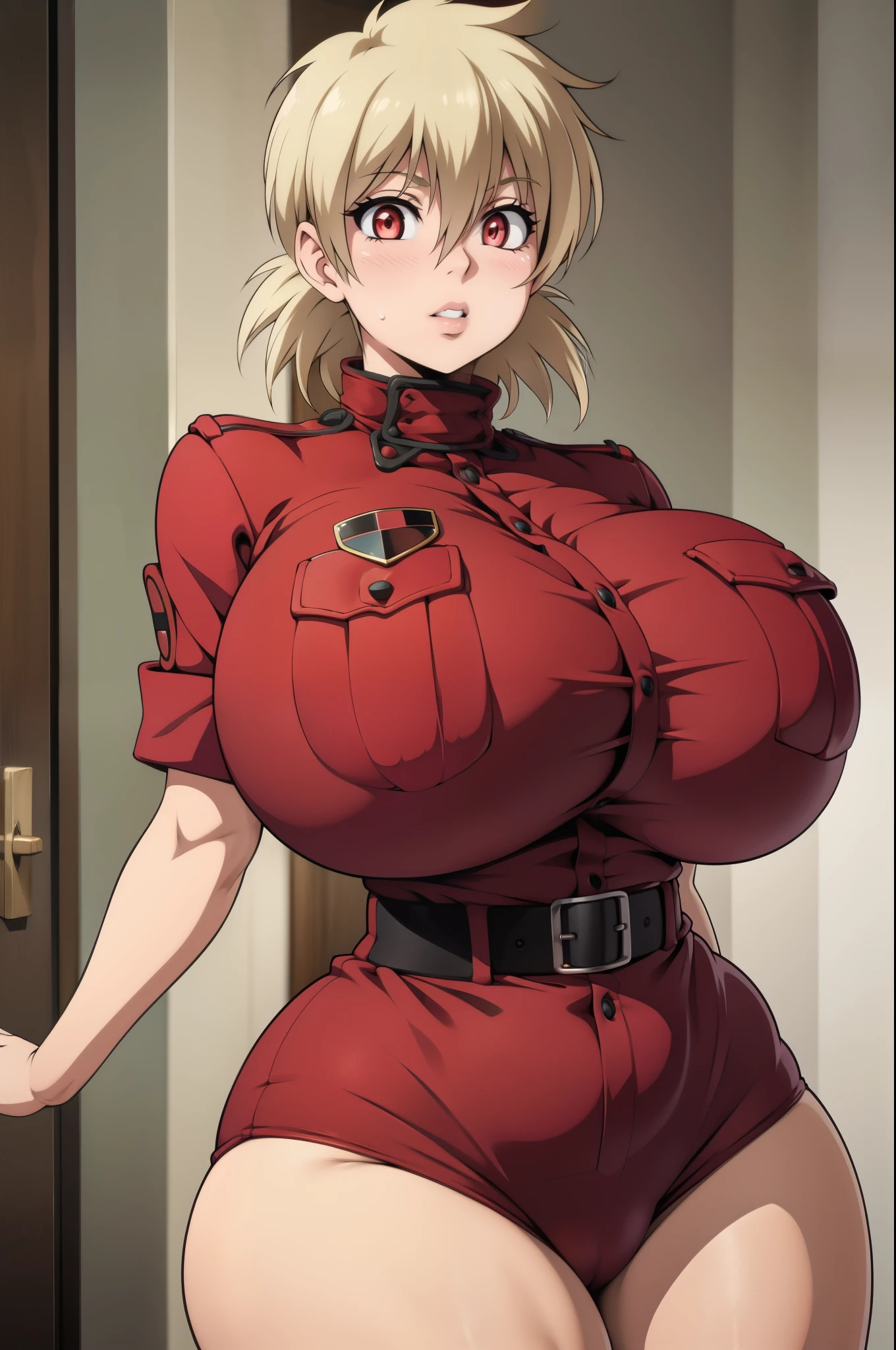 High resolution, Hellsing Ultimate art style, Seras Victoria, 1girl, ((bimbo))), short blond hair, red eyes, puffy lips, thick lips, wide hips, thick thighs, enormous round fake breast, huge ass, cute face, shy, girlfriend, blushing, tight police uniform, tight top, squishy breasts, soft breasts, breasts squeezed together, close up,