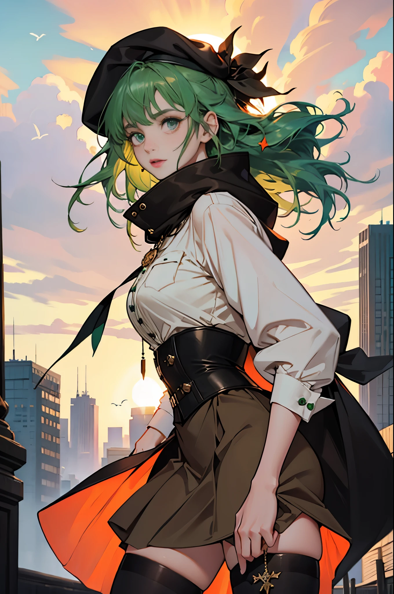 masterpiece, Super detailed, 8K portrait, RAW photo, portrait photography, highly detailed face, beautiful and detailed eyes, ((fantasy)), young and beautiful, 22 years ago, dynamic pose, (((long straight deep green hair))), ((One side is woven with orange ribbon)), dull bangs, beret, white skin color, luxury, hooded (((Dark brown))) (((Silk Long Cloak))) fluttering in the wind, (((dress shirt))), (((silk maxi skirt))), leather corset, (((dark thigh high tights))), High Cut Leather Boots, (((Lift a long magic wand))), ((wear a pocket watch)), midday sun, surreal, body model, small breasts, beautiful breasts, long legs, city, environmental lighting, shadow details , focus the camera on the face, strong wind, light fog