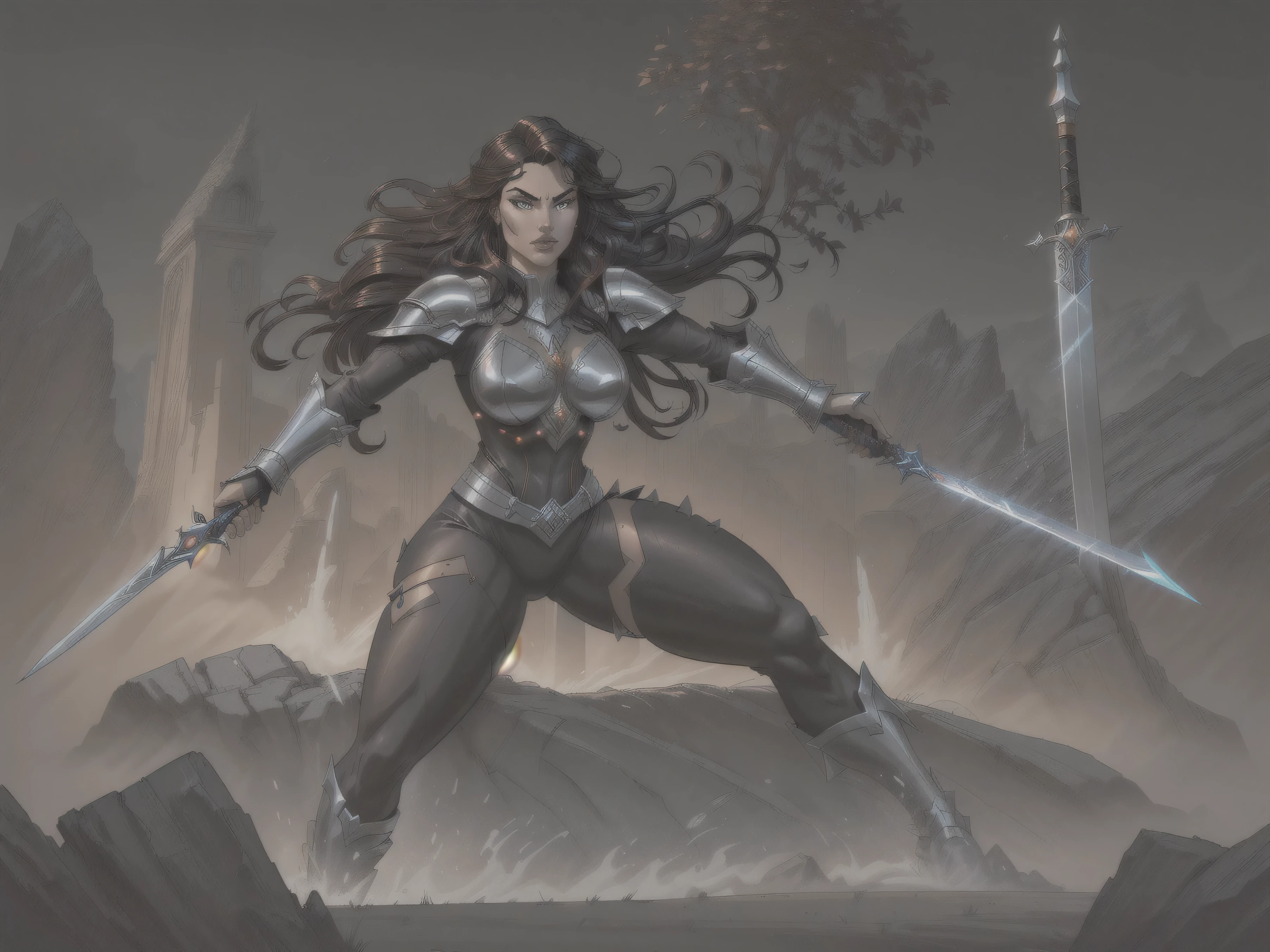 A Sword Master with a powerful aura stands before you. She is adorned in a striking suit of red and black armor, reflecting her resilience and determination. Her armor accentuates her physique, emphasizing her impressive and well-endowed figure, including her ample bosom. Her long, flowing black hair cascades down her back, adding to her fierce and captivating presence. The Sword Master wears a long skirt that sways gracefully with each movement, adding to the elegance of her combat style. Her face is exquisitely detailed in high definition, showcasing the intricate features that make her stand out. Her eyes are mesmerizing, with a captivating gaze that shows both wisdom and determination. Her lips, beautifully shaped, provide a hint of mystery and seductiveness. In terms of imagery, the Sword Master is immersed in a dynamic battle scene. She stands confidently on a rocky terrain, with her sword raised high, ready to strike her enemies. The atmosphere is charged with energy, and the air crackles with anticipation. Sparks of magic and energy emanate from her sword, adding a touch of fantastical power to the scene. The overall quality of the image is of the highest standard, with a focus on ultra-detailed elements. The intricate patterns on the armor, the subtle shadows and highlights, as well as the fine texture of the clothing, are emphasized. The image boasts photorealistic precision, bringing the Sword Master to life with vivid colors, sharp focus, and professional execution. To enhance the artistic style, the image incorporates elements of concept art. The colors are rich and vibrant, emphasizing the contrast between the dark hues of the armor and the warmth of the surrounding environment. The lighting is atmospheric, with a spotlight illuminating the Sword Master and casting dramatic shadows around her. Overall, the prompt is designed to create a visually stunning and captivating image of a confident and powerful Sword Master. Her heroic presence, combined
