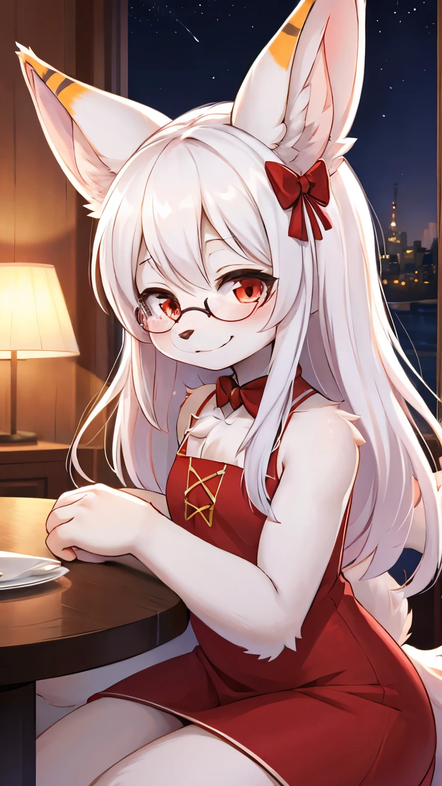 (fluffy anthro furry :1.8),(young :1.6),white rabbit girl,red eyes,white long hair,wavy hair,messy hair,white rabbit ears,white rabbit tail,white body fur,glasses,ribbon collar,ribbon hairpin,red dress,shoulderless,sleeveless,elegant dinner party,night,glistering stars around girl,sparkle light,looking at viewer,smile,upper body only,sit