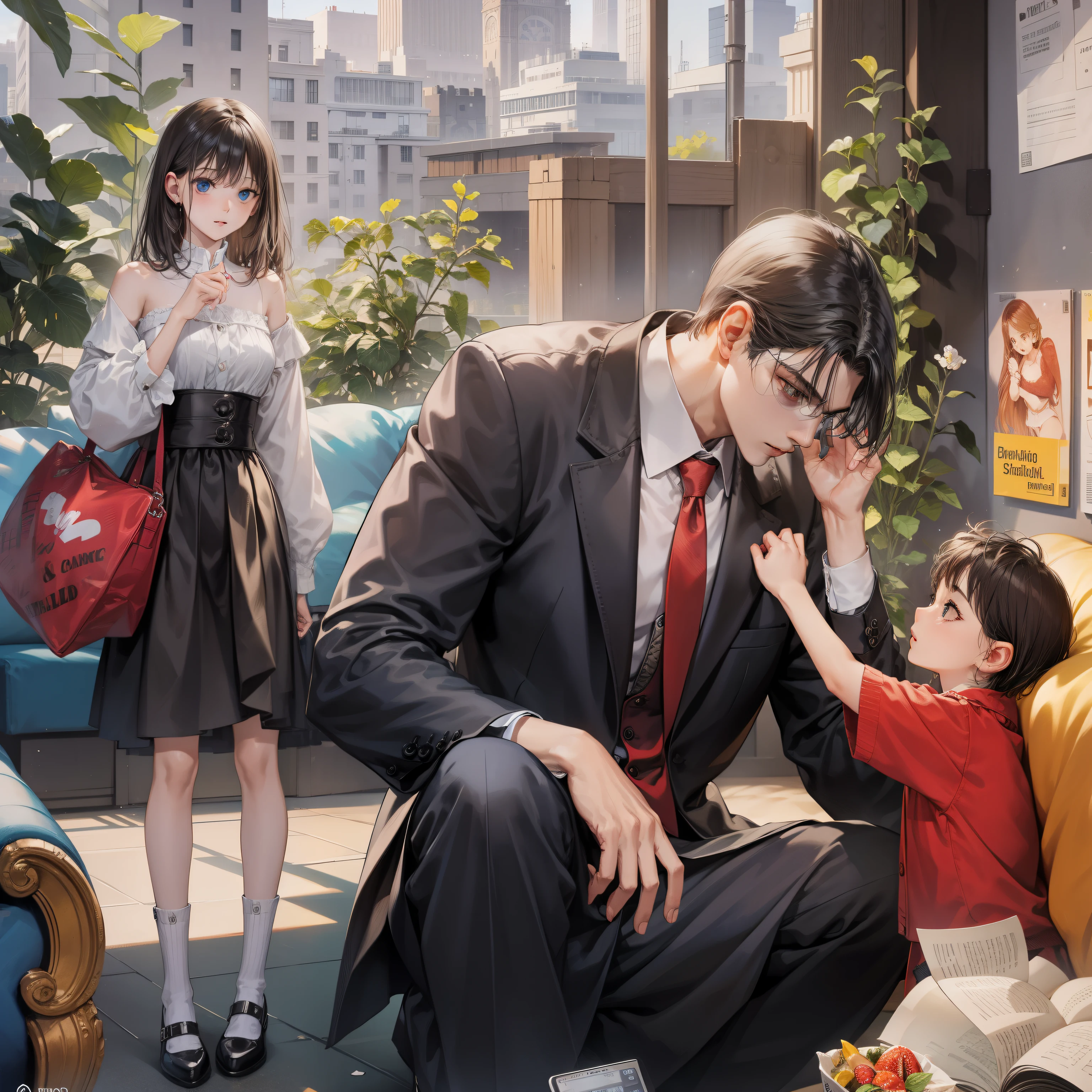 A man squatting on the ground chatting with a little boy,Behind her stood a woman
