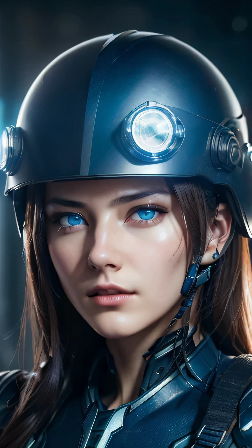 masterpiece,  最high quality, , (alone), 1 girl, look up, dim light, , horizon_(apex legend), goggles, blue eyes, brown hair, gauntlet, armor,  wear a helmet, (science_fiction), outdoors, street, neon light, cyber punk, masterpiece, 最high quality, high quality, High resolution, ((close up of face))