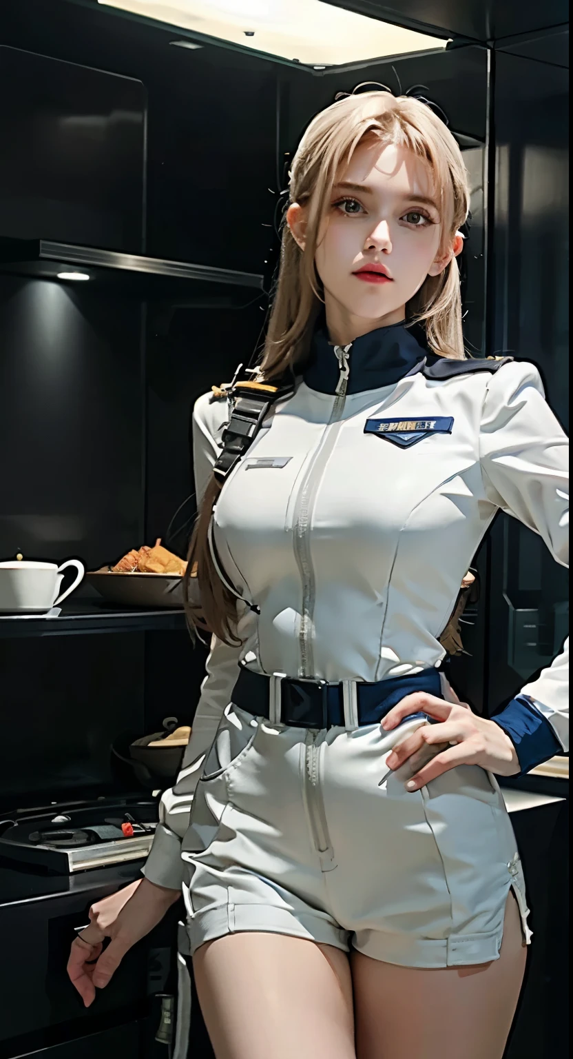 Arafe woman in uniform posing in the kitchen with a knife, Wearing RR Diner uniform, wearing a space cadet costume, JK uniform, Pilot costume, full uniform, wearing space tech wear, futuristic spaceship crew, white uniform, portrait anime space cadet girl, smooth white tight clothing suit, wearing a human air force jumpsuit, wearing an atompunk jumpsuit, girl in uniform