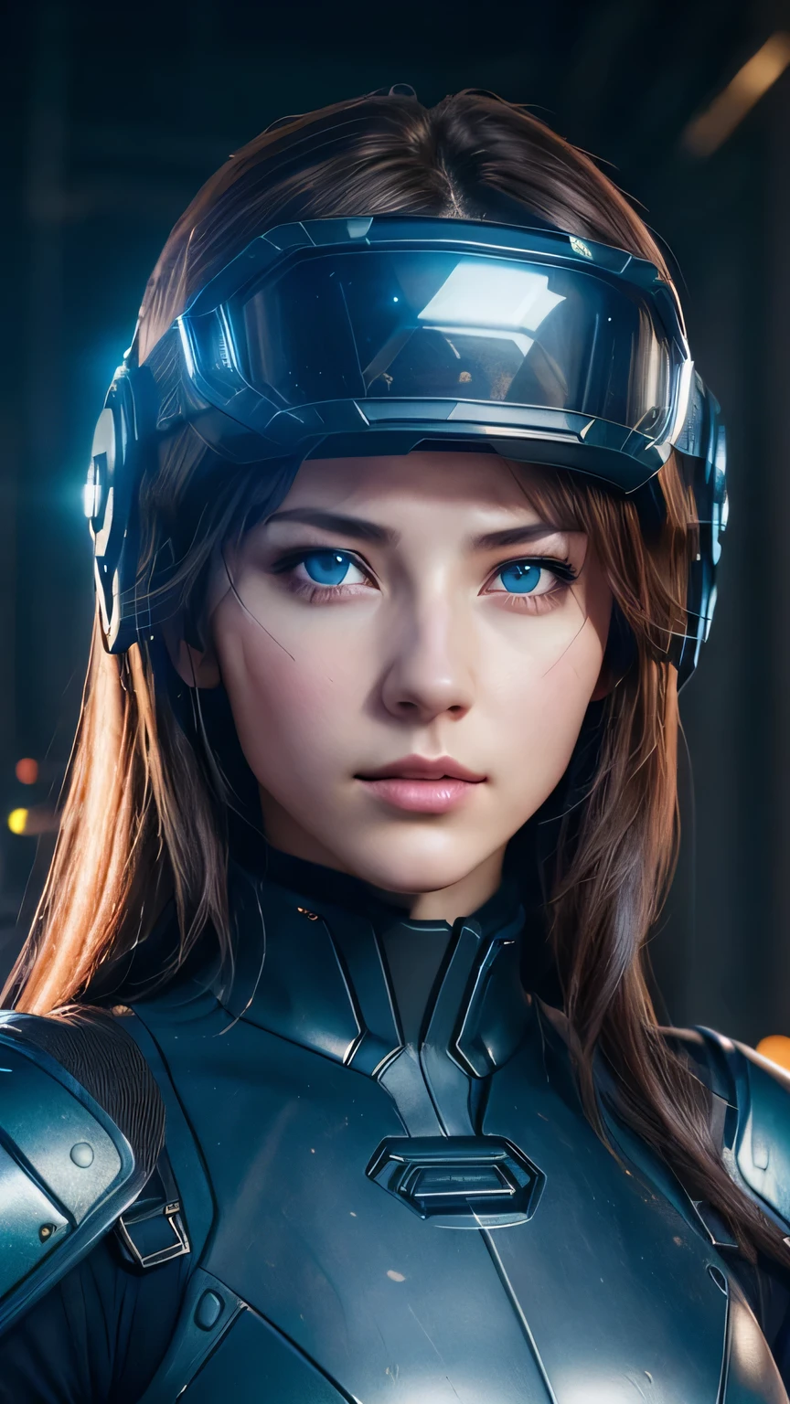masterpiece, 最high quality, , (alone), 1 girl, look up, dim light, , horizon_(apex legend), goggles, blue eyes, brown hair, gauntlet, armor, wear a helmet, (science_fiction), outdoors, street, neon light, cyber punk, masterpiece, 最high quality, high quality, High resolution, ((close up of face))