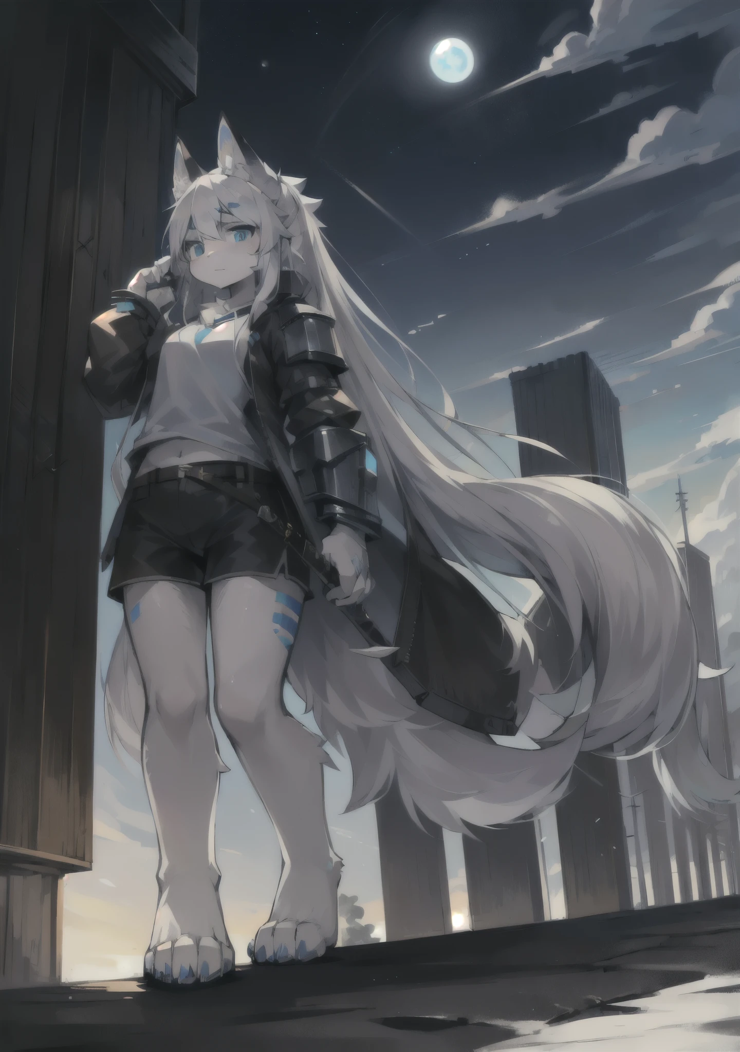 Bright Eyes, panoramic, alone, hairy, hairy Female, female focus, Hana charcoal, (Full body fur, hairy尾巴, white fur, blue eyes, white hair: 1.2), long hair, youth, cloud, Sky, Sky, moon, cloudy day, No spots, wolf type, humanoid, wind, panoramic, 灰白色wind衣, black shorts, White shirt, wolf ears, wolf tail, Standard sword, Gloomy face, sideways, sideways, wind Magic,light on armor, cybernetic headgear, dynamic poses, post apocalyptic scene,