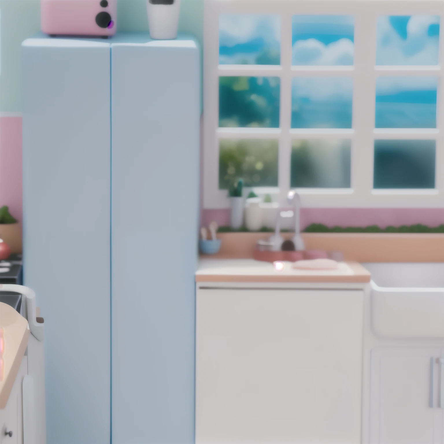 in the kitchen there is a refrigerator with a blue door, Miniature product photo, detailed image, Home cooking on a sunny day, introductory photo of the product, super detailed image, Close-up with high detail, close up detailed, detailed decorations - width 672, Scandinavian pastel colors, super detailed image, exact detail, kitchen background, close up details