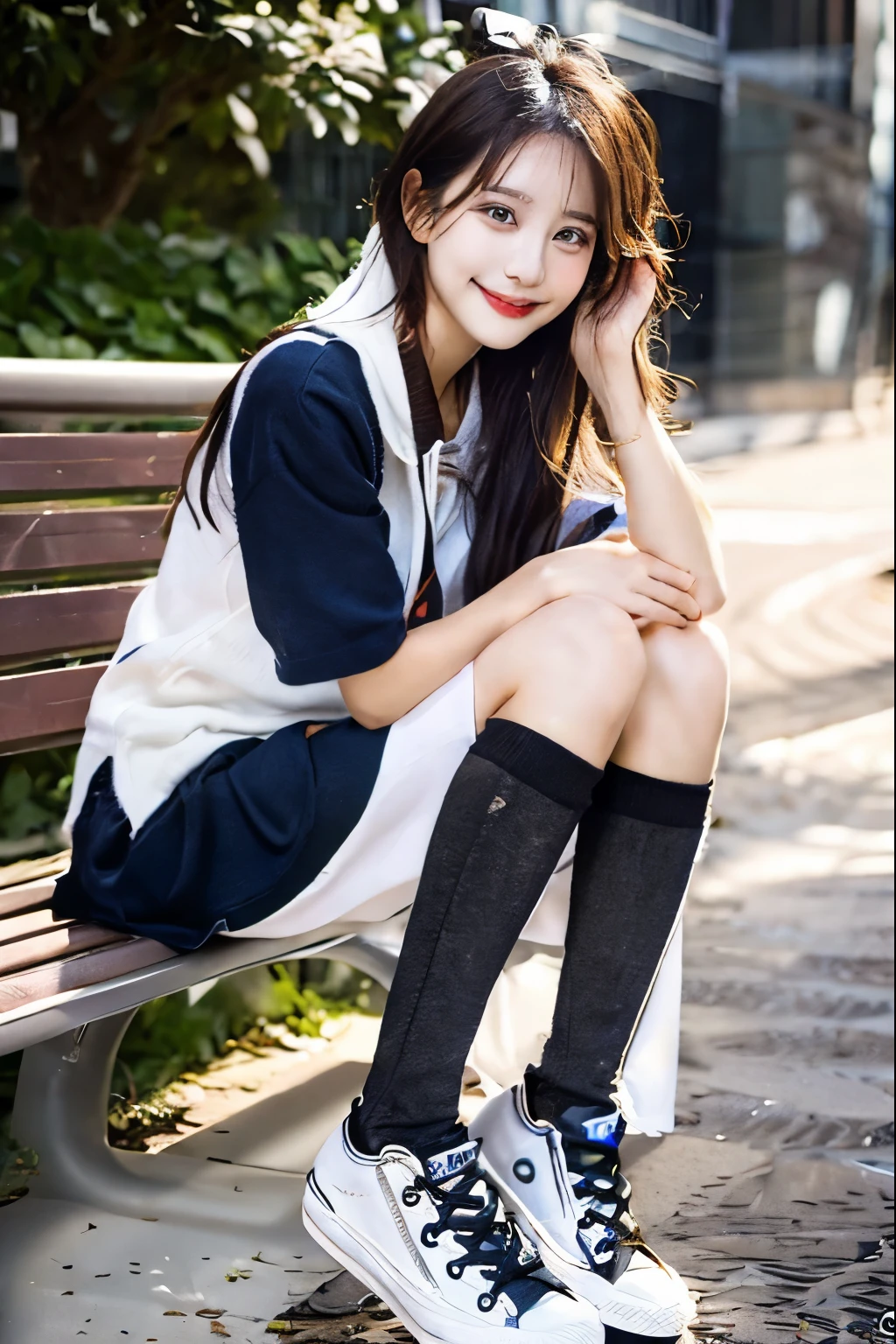 A neat and beautiful woman sitting on a park bench、black hair、hoodie、skinny denim、sneakers、socks slightly visible through shoes、refreshing smile、smiling showing teeth、full body photo、
